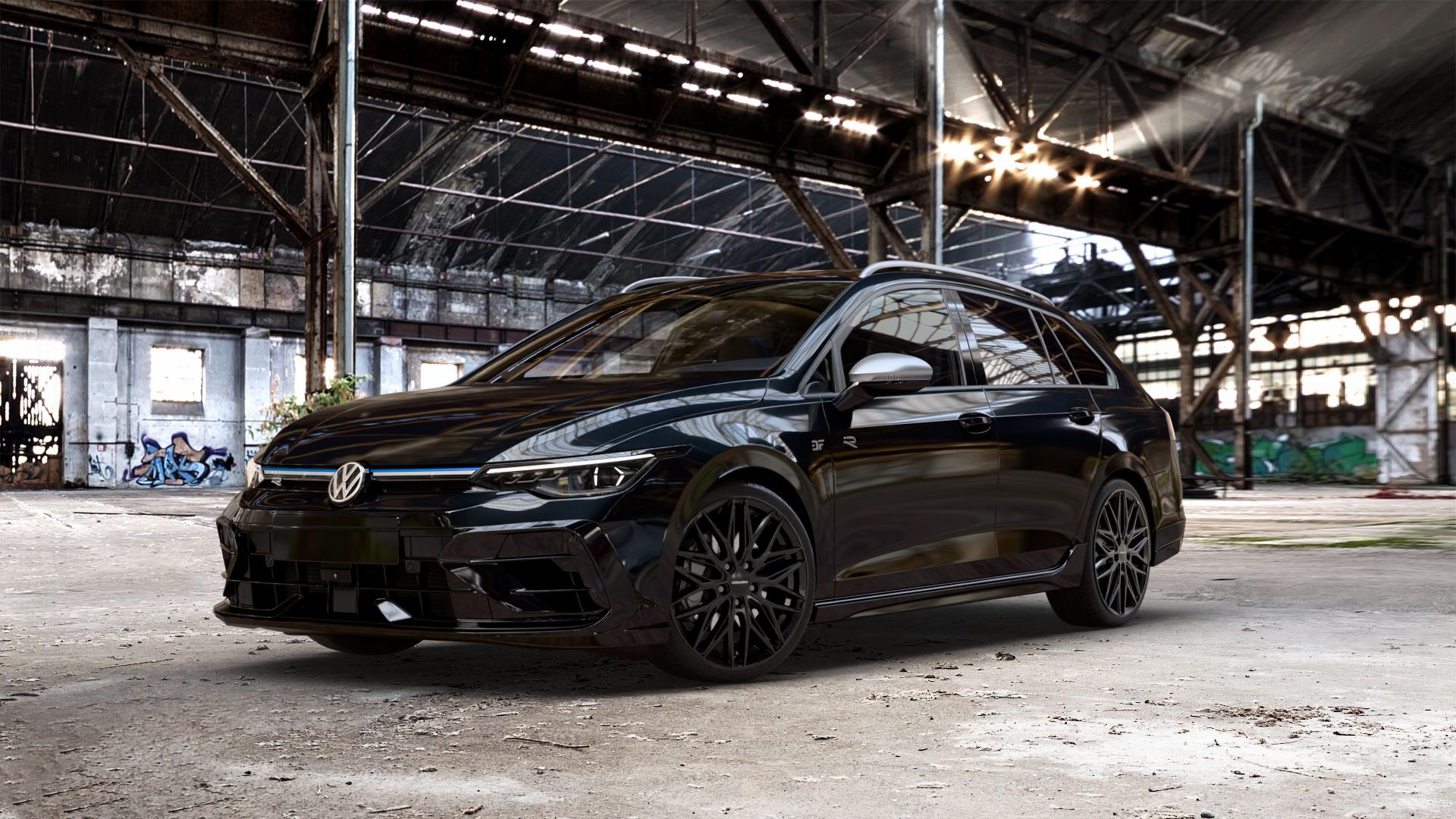 CARMANI 26 Max black Felge mit Reifen schwarz in 19Zoll Winterfelge Alufelge auf schwarzem Volkswagen (VW) Golf 8 Variant Facelift 2,0l R 4Motion 245kW (333 PS) ⬇️ mit 15mm Tieferlegung ⬇️ Old Industrial Hall_max_5300mm_2024 Frontansicht_1