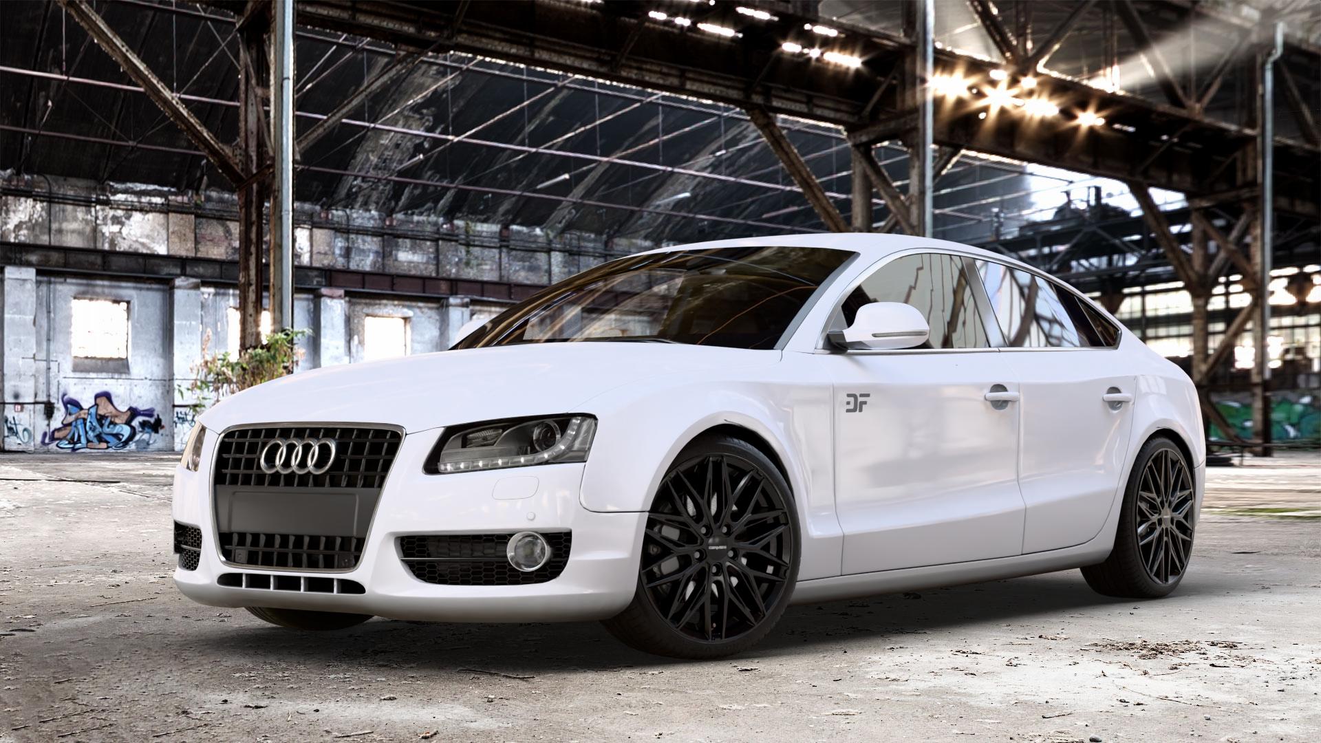 CARMANI 26 Max black Felge mit Reifen schwarz in 19Zoll Winterfelge Alufelge auf weissem Audi A5 Typ B8 (Sportback) ⬇️ mit 15mm Tieferlegung ⬇️ Old Industrial Hall_max_4400mm_2024 Frontansicht_1