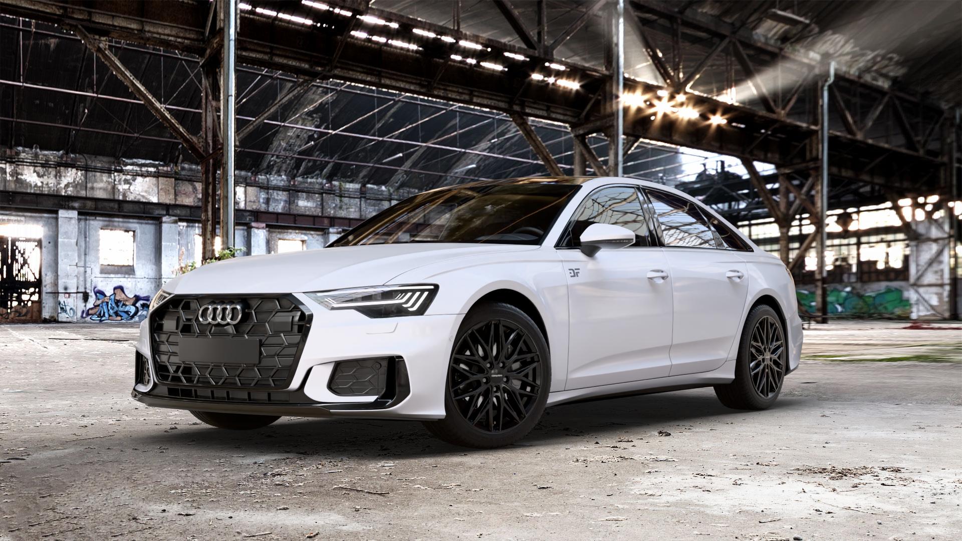 CARMANI 26 Max black Felge mit Reifen schwarz in 19Zoll Winterfelge Alufelge auf weissem Audi A6 Typ F2/C8 (Limousine) Facelift ⬇️ mit 15mm Tieferlegung ⬇️ Old Industrial Hall_max_5300mm_2024 Frontansicht_1