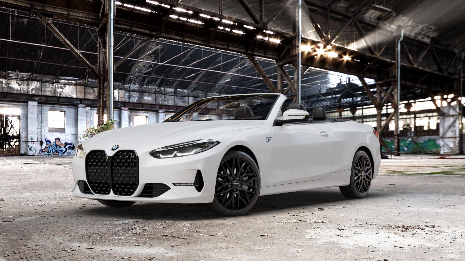 CARMANI 26 Max black Felge mit Reifen schwarz in 19Zoll Winterfelge Alufelge auf weissem BMW M4 Typ G83 (Cabrio) 4er G23 Cabrio (G3C) ⬇️ mit 15mm Tieferlegung ⬇️ Old Industrial Hall_max_5300mm_2024 Frontansicht_1