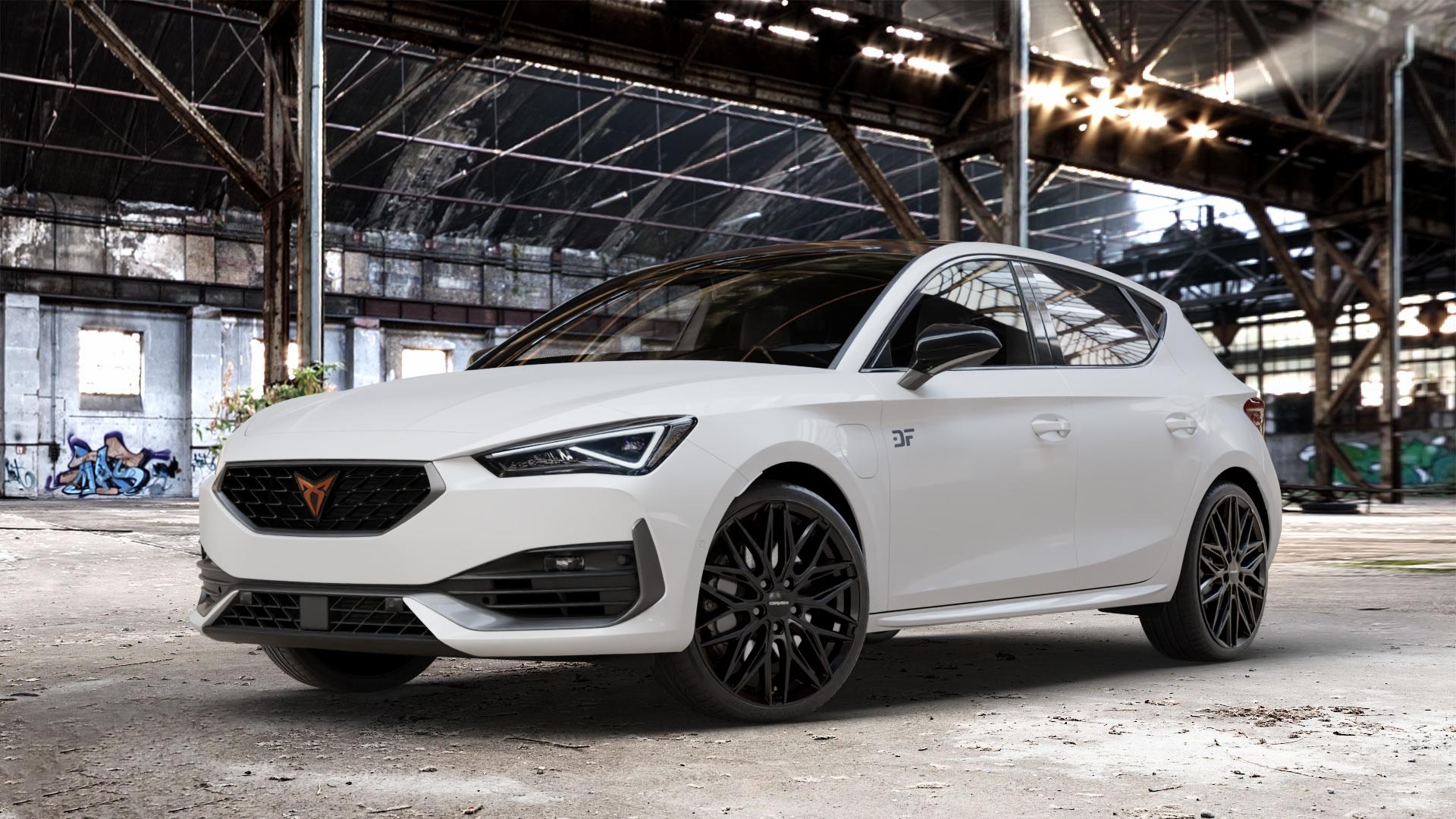 CARMANI 26 Max black Felge mit Reifen schwarz in 19Zoll Winterfelge Alufelge auf weissem Cupra Leon Typ KL ⬇️ mit 15mm Tieferlegung ⬇️ Old Industrial Hall_max_4400mm_2024 Frontansicht_1