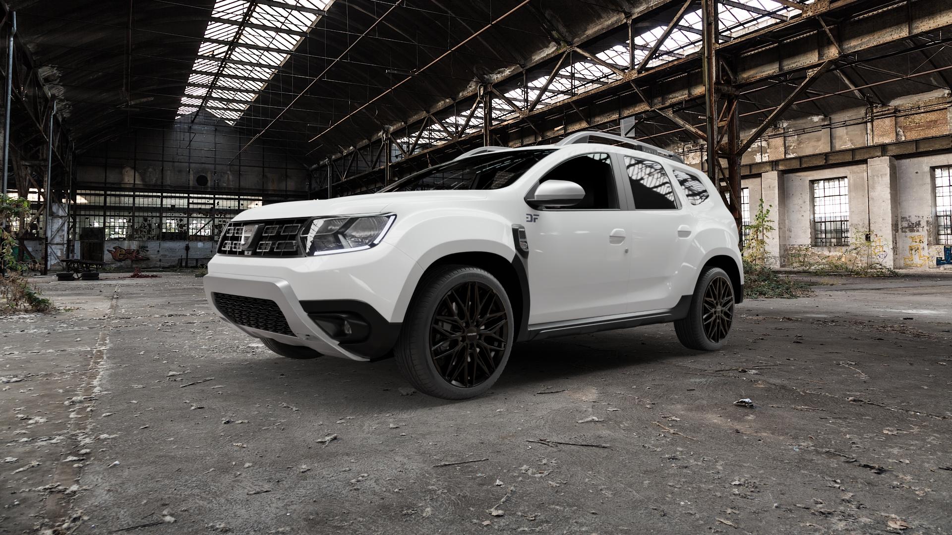 CARMANI 26 Max black Felge mit Reifen schwarz in 19Zoll Winterfelge Alufelge auf weissem Dacia Duster Typ SR ⬇️ mit 15mm Tieferlegung ⬇️ Old Industrial Hall_max5000mm_2022 Frontansicht_1