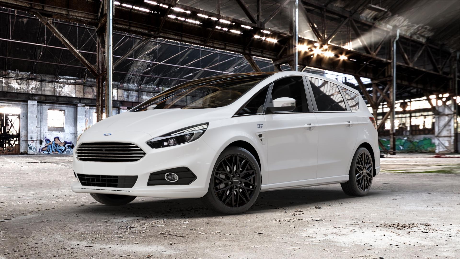 CARMANI 26 Max black Felge mit Reifen schwarz in 19Zoll Winterfelge Alufelge auf weissem Ford S-Max Typ WA6 Facelift (15->) ⬇️ mit 15mm Tieferlegung ⬇️ Old Industrial Hall_max_5300mm_2024 Frontansicht_1