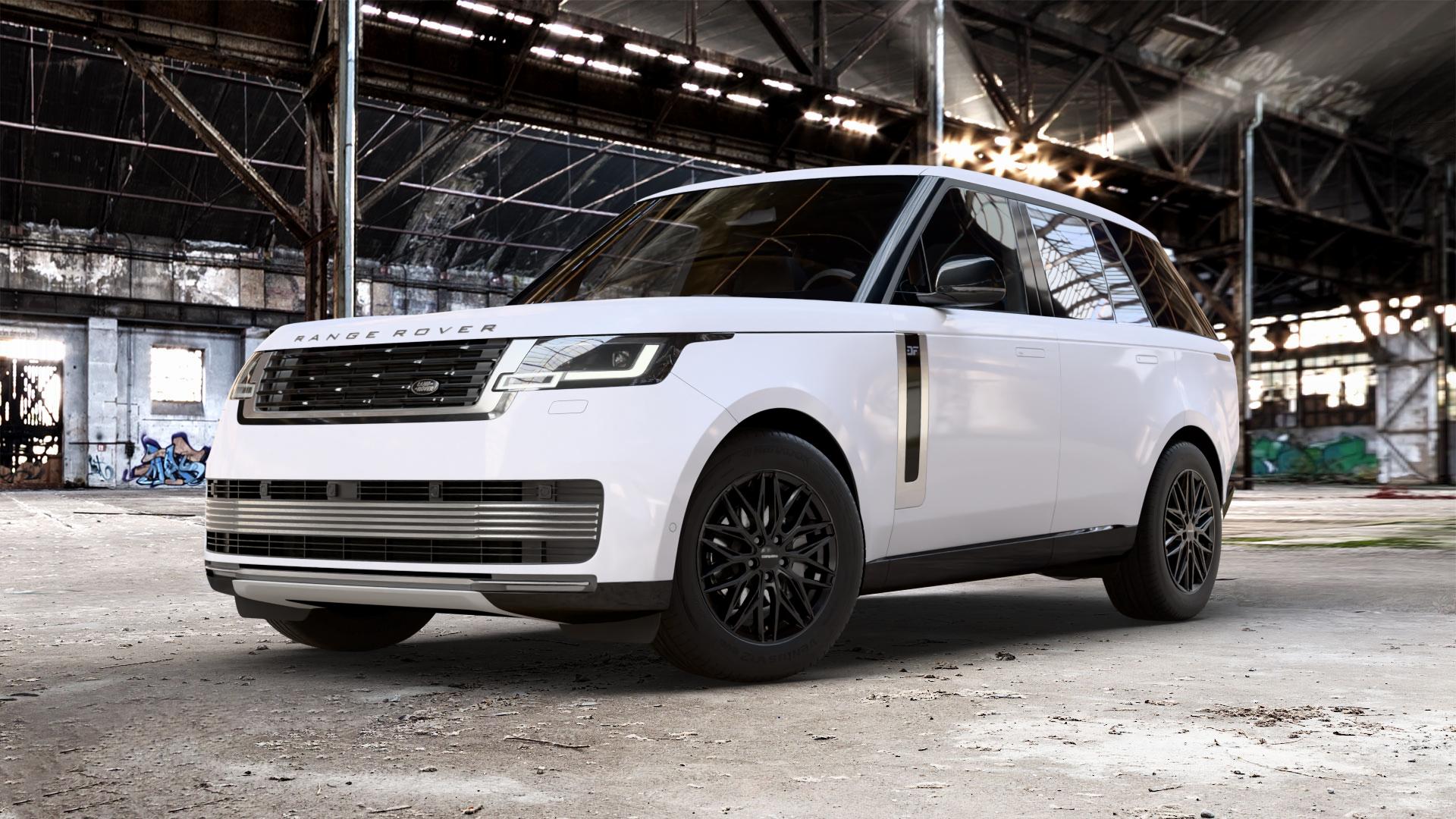 CARMANI 26 Max black Felge mit Reifen schwarz in 19Zoll Winterfelge Alufelge auf weissem Land Rover Range V Typ LK ⬇️ mit 15mm Tieferlegung ⬇️ Old Industrial Hall_max_5300mm_2024 Frontansicht_1