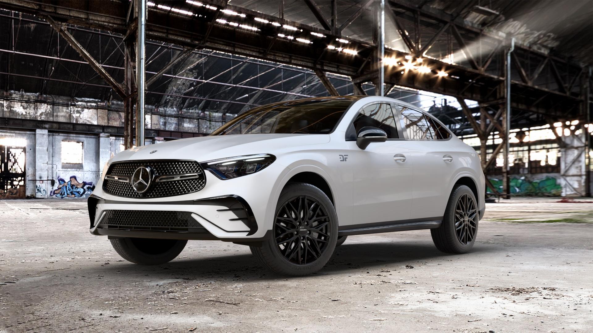 CARMANI 26 Max black Felge mit Reifen schwarz in 19Zoll Winterfelge Alufelge auf weissem Mercedes GLC-Klasse Coupe Typ C254 ⬇️ mit 15mm Tieferlegung ⬇️ Old Industrial Hall_max_5300mm_2024 Frontansicht_1