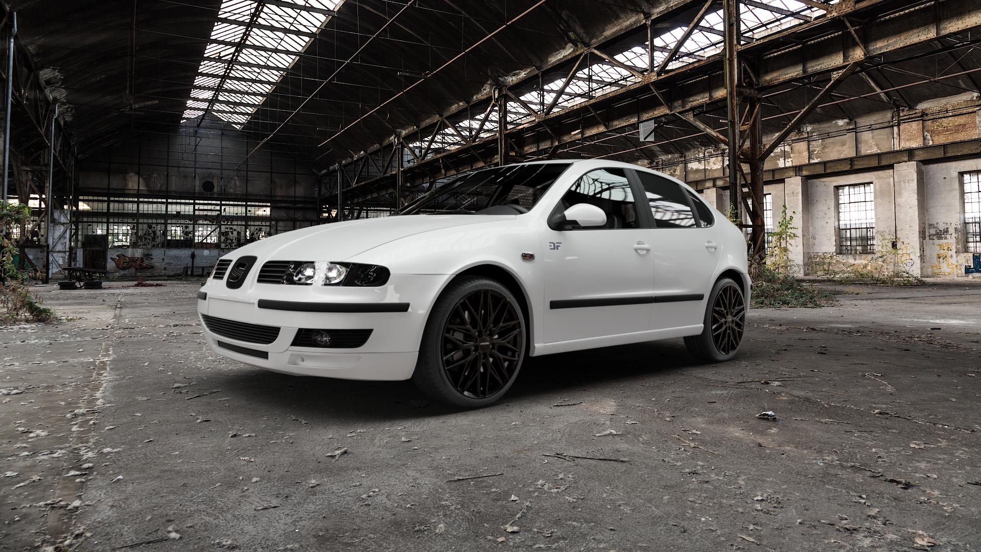 CARMANI 26 Max black Felge mit Reifen schwarz in 19Zoll Winterfelge Alufelge auf weissem Seat Leon Typ 1M ⬇️ mit 15mm Tieferlegung ⬇️ Old Industrial Hall_max5000mm_2022 Frontansicht_1