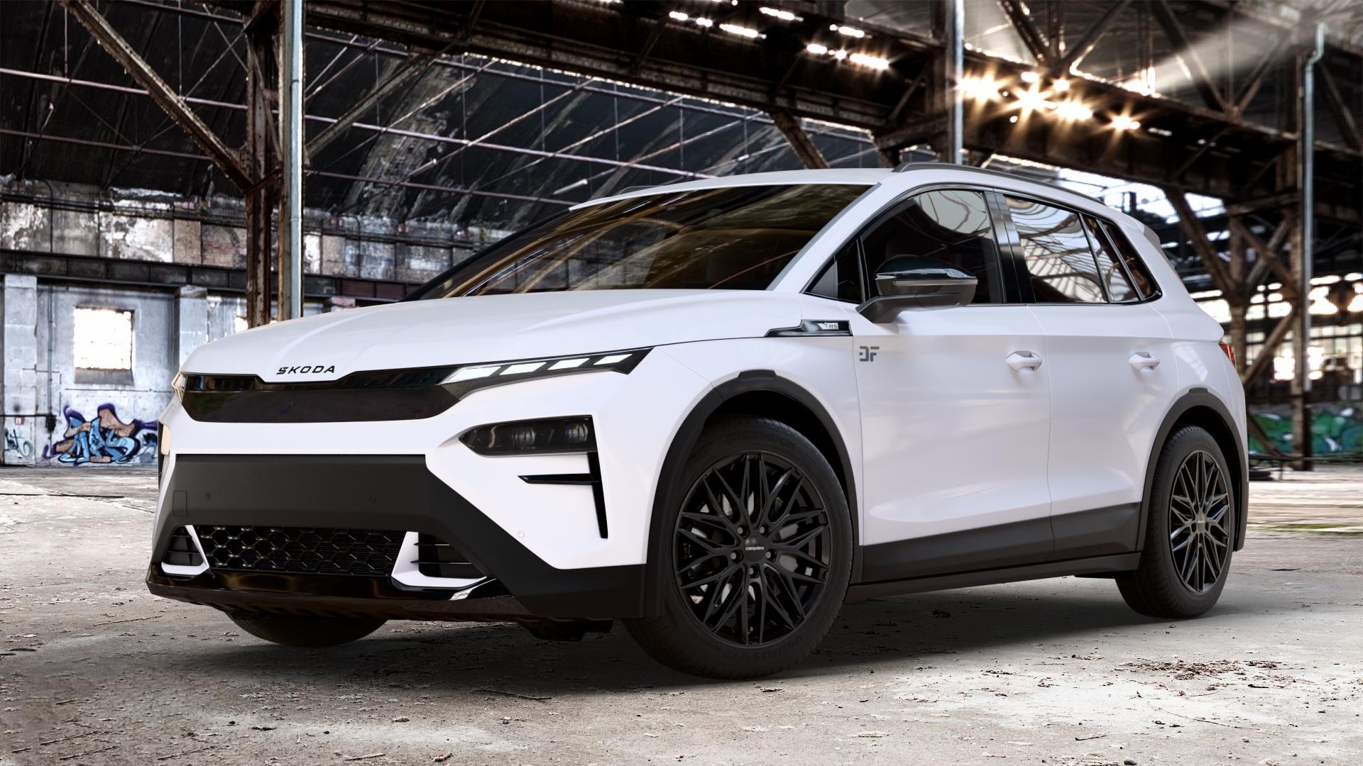 CARMANI 26 Max black Felge mit Reifen schwarz in 19Zoll Winterfelge Alufelge auf weissem Skoda Elroq Typ NY 0,0l 77kW RS (105 PS) ⬇️ mit 15mm Tieferlegung ⬇️ Old Industrial Hall_max_4400mm_2024 Frontansicht_1