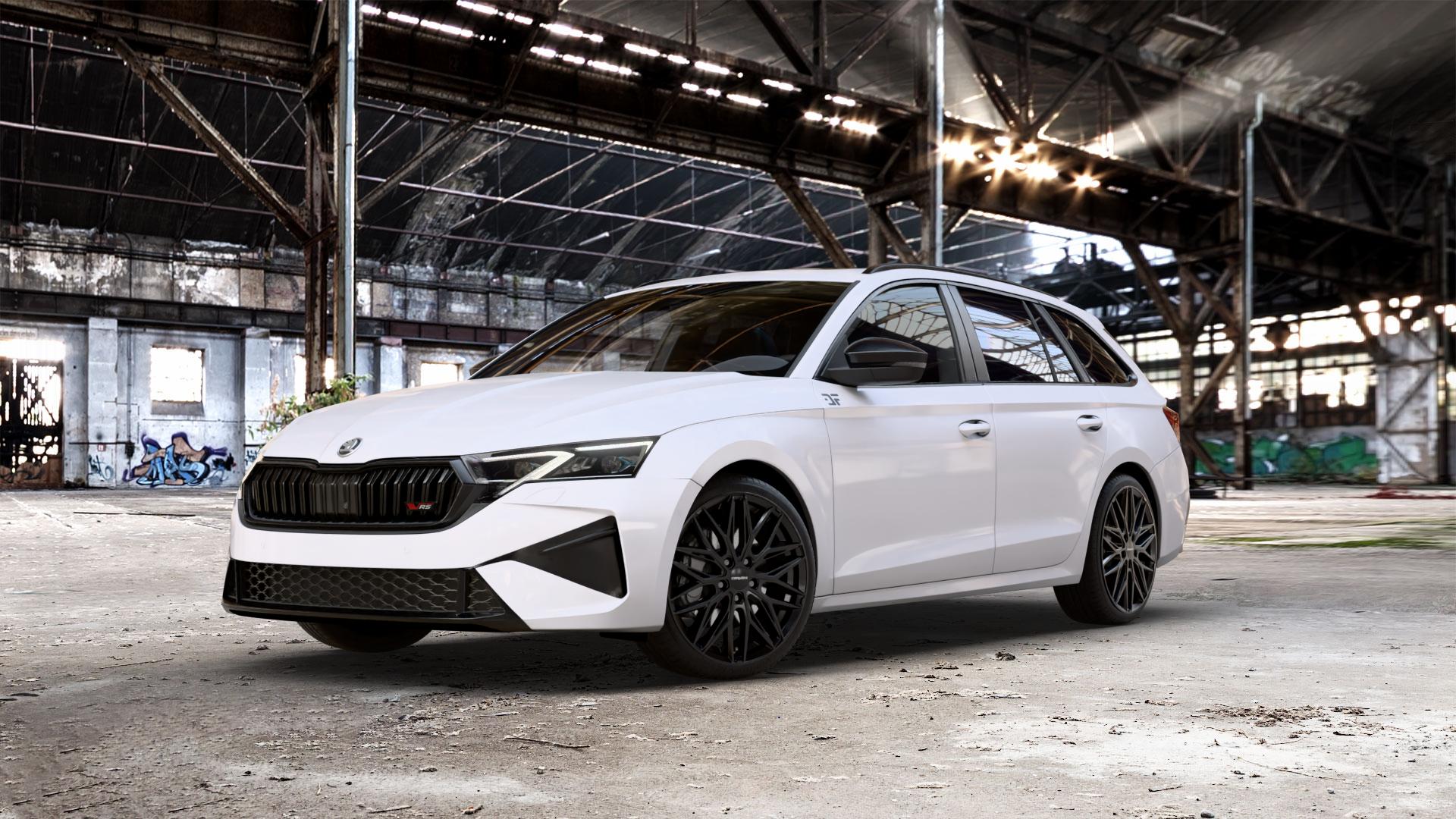 CARMANI 26 Max black Felge mit Reifen schwarz in 19Zoll Winterfelge Alufelge auf weissem Skoda Octavia IV Kombi Typ NX Facelift 2,0l TSI 195kW RS (265 PS) ⬇️ mit 15mm Tieferlegung ⬇️ Old Industrial Hall_max_5300mm_2024 Frontansicht_1