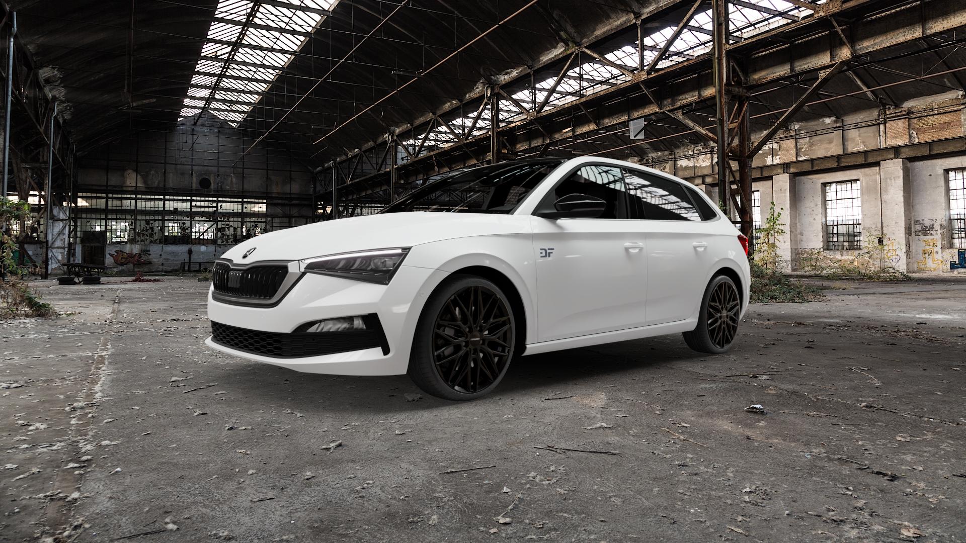 CARMANI 26 Max black Felge mit Reifen schwarz in 19Zoll Winterfelge Alufelge auf weissem Skoda Scala Typ NW ⬇️ mit 15mm Tieferlegung ⬇️ Old Industrial Hall_max5000mm_2022 Frontansicht_1