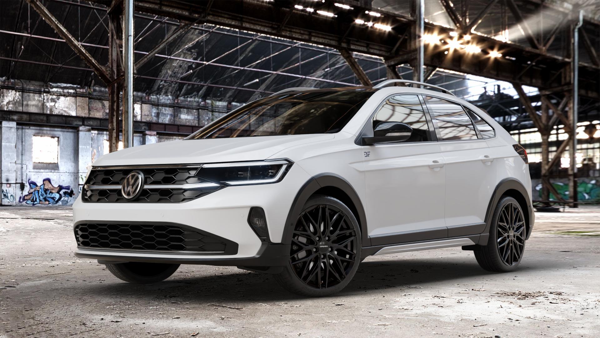 CARMANI 26 Max black Felge mit Reifen schwarz in 19Zoll Winterfelge Alufelge auf weissem Volkswagen (VW) Taigo ⬇️ mit 15mm Tieferlegung ⬇️ Old Industrial Hall_max_4400mm_2024 Frontansicht_1