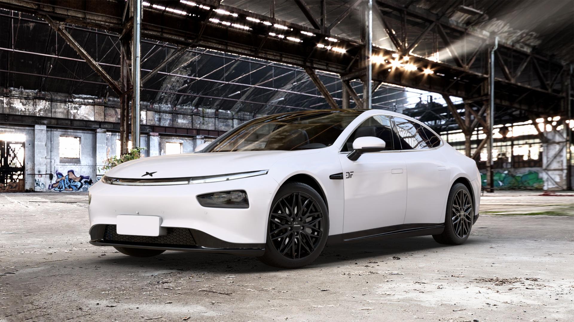 CARMANI 26 Max black Felge mit Reifen schwarz in 19Zoll Winterfelge Alufelge auf weissem Xpeng P7 Typ P7B 0,0l 80kW (109 PS) 100kW AWD (136 124kW (169 ⬇️ mit 15mm Tieferlegung ⬇️ Old Industrial Hall_max_5300mm_2024 Frontansicht_1