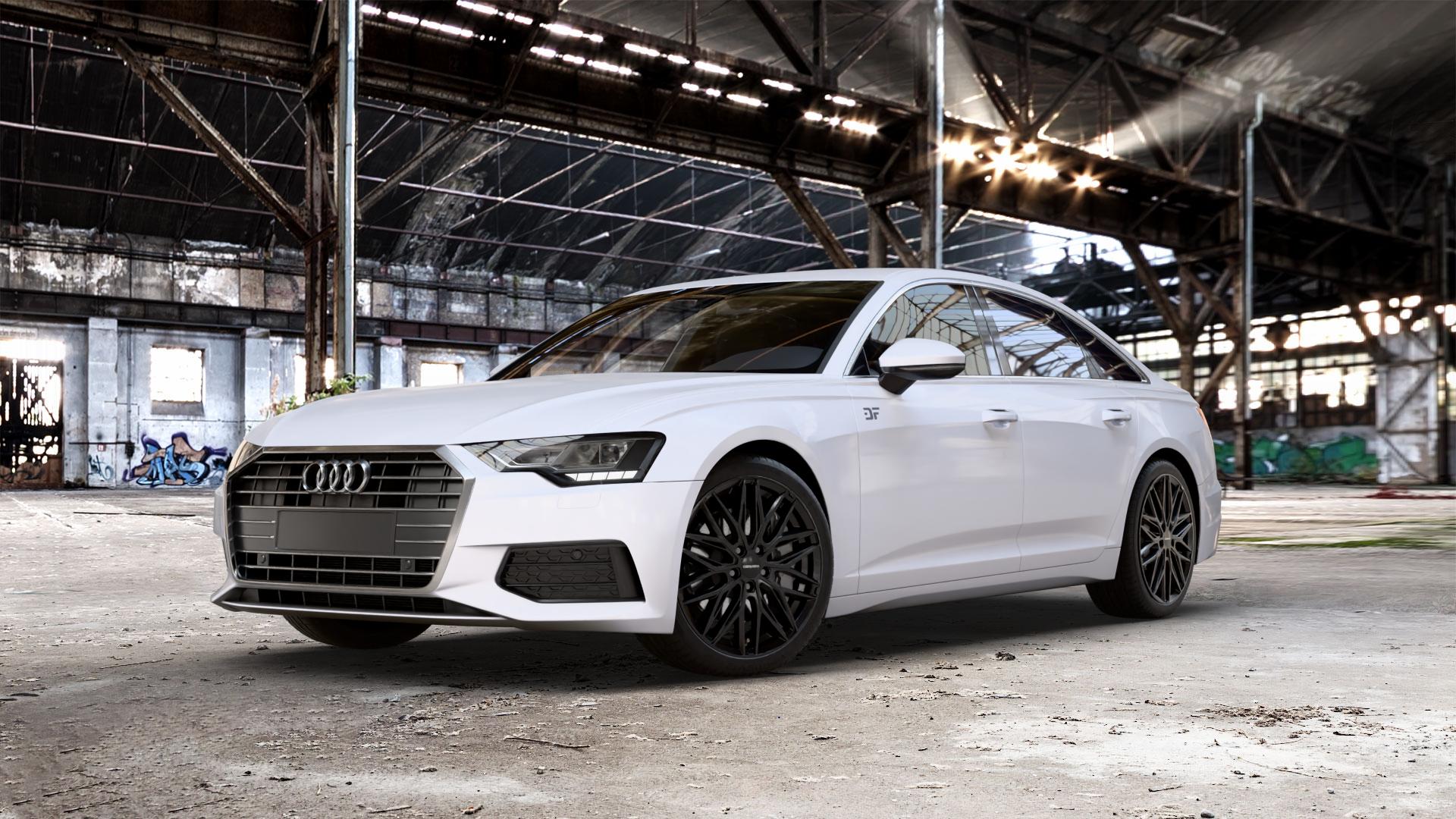 CARMANI 26 Max black Felge mit Reifen schwarz in 20Zoll Winterfelge Alufelge auf weissem Audi A6 Typ F2/C8 (Limousine) ⬇️ mit 15mm Tieferlegung ⬇️ Old Industrial Hall_max_5300mm_2024 Frontansicht_1