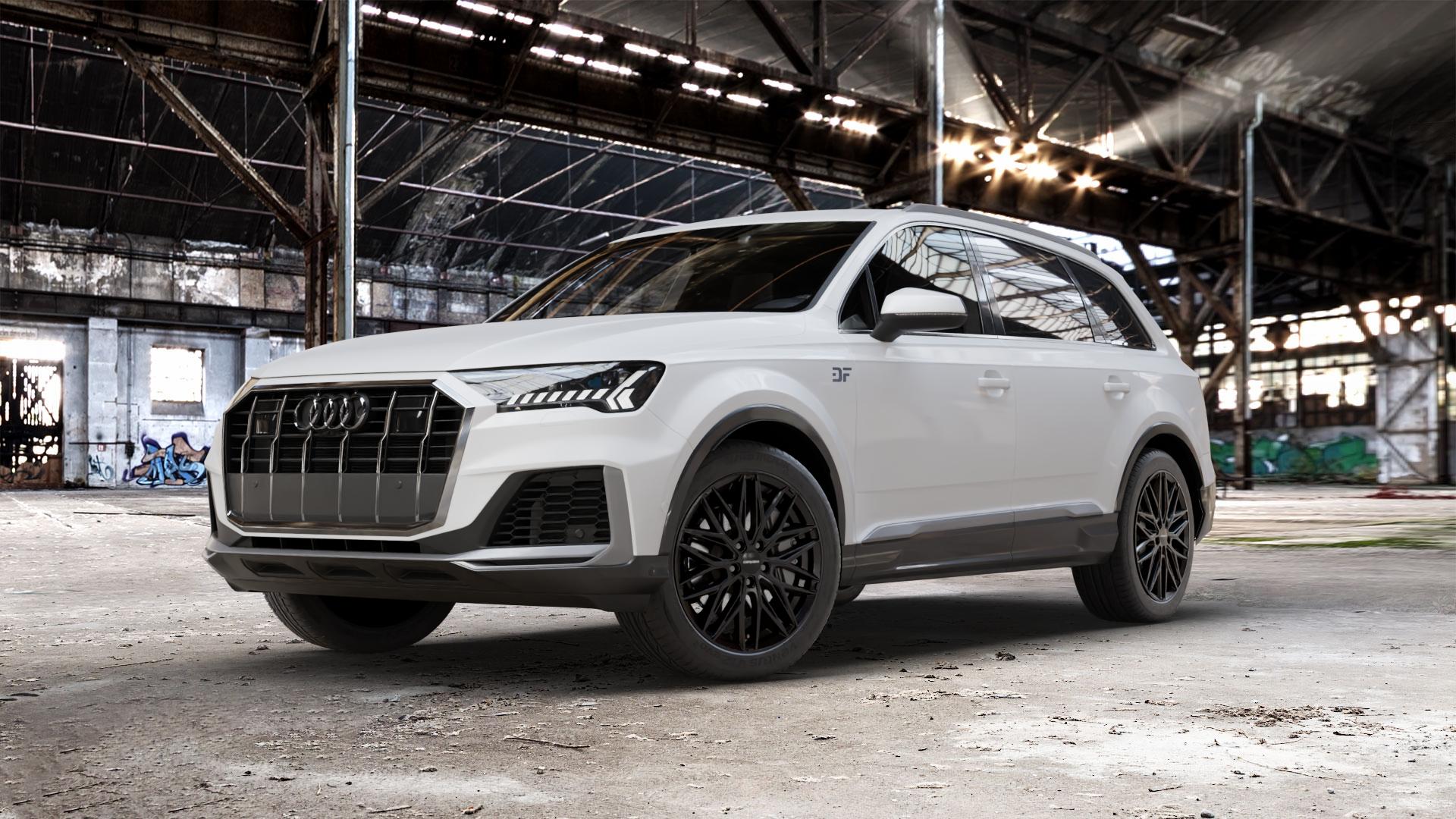 CARMANI 26 Max black Felge mit Reifen schwarz in 20Zoll Winterfelge Alufelge auf weissem Audi Q7 II Typ 4M (4L) Facelift 19-> ⬇️ mit 15mm Tieferlegung ⬇️ Old Industrial Hall_max_5300mm_2024 Frontansicht_1