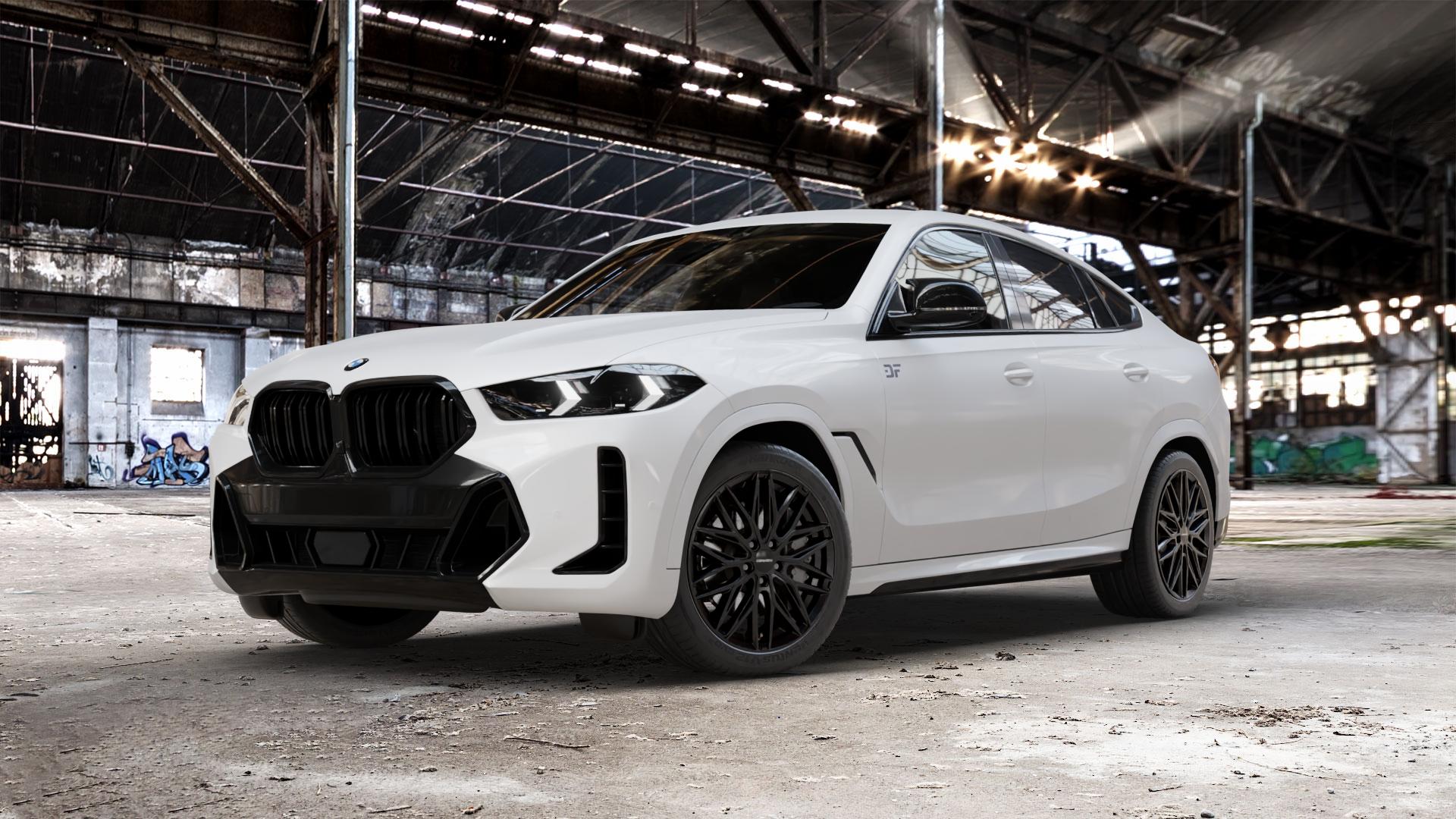 CARMANI 26 Max black Felge mit Reifen schwarz in 20Zoll Winterfelge Alufelge auf weissem BMW X6 Typ G06 (G6X) Facelift ⬇️ mit 15mm Tieferlegung ⬇️ Old Industrial Hall_max_5300mm_2024 Frontansicht_1