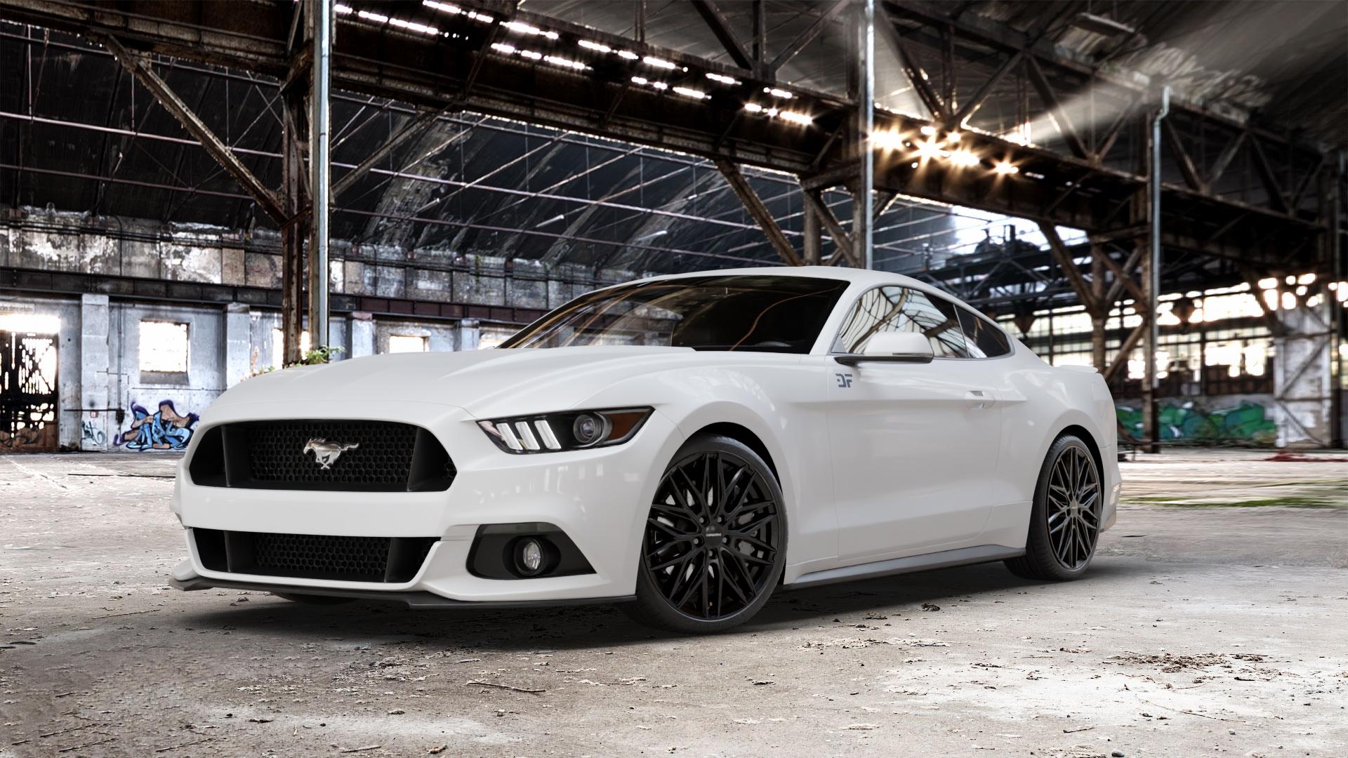 CARMANI 26 Max black Felge mit Reifen schwarz in 20Zoll Winterfelge Alufelge auf weissem Ford Mustang VI Coupe Typ LAE Cabrio ⬇️ mit 15mm Tieferlegung ⬇️ Old Industrial Hall_max_5300mm_2024 Frontansicht_1