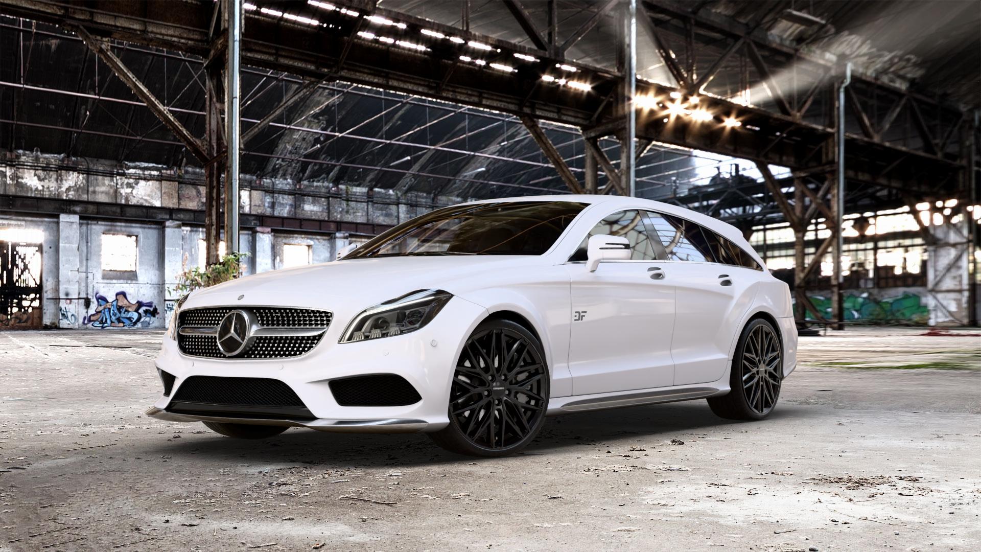 CARMANI 26 Max black Felge mit Reifen schwarz in 20Zoll Winterfelge Alufelge auf weissem Mercedes CLS Typ X218 Shooting Brake 2,1l 250 CDI 150kW (204 PS) 3,0l 350 195kW (265 4Matic 3,5l 225kW (306 4,7l 500 300kW (408 5,5l 63 AMG 410kW (557 4-Matic 43 ⬇️ mit 15mm Tieferlegung ⬇️ Old Industrial Hall_max_5300mm_2024 Frontansicht_1