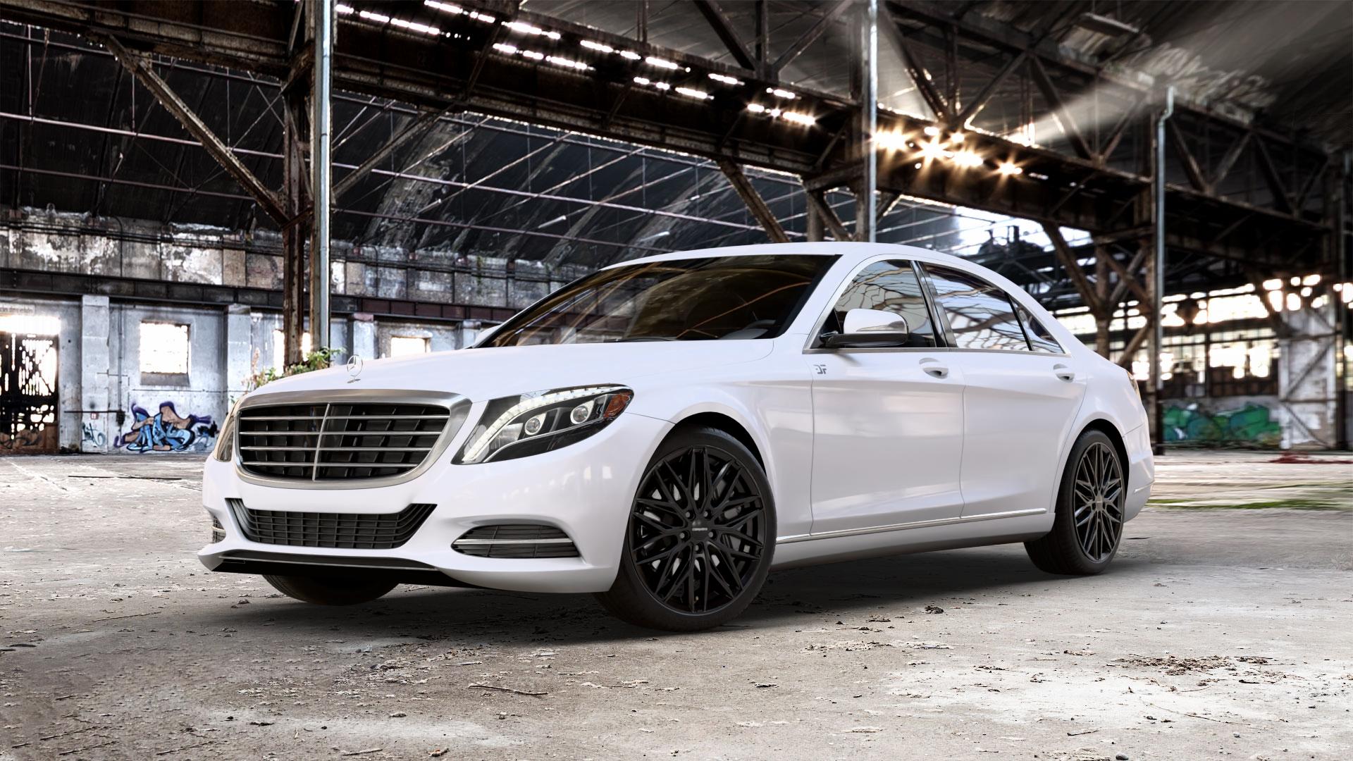 CARMANI 26 Max black Felge mit Reifen schwarz in 20Zoll Winterfelge Alufelge auf weissem Mercedes S-Klasse Typ W222 Facelift ⬇️ mit 15mm Tieferlegung ⬇️ Old Industrial Hall_max_5300mm_2024 Frontansicht_1