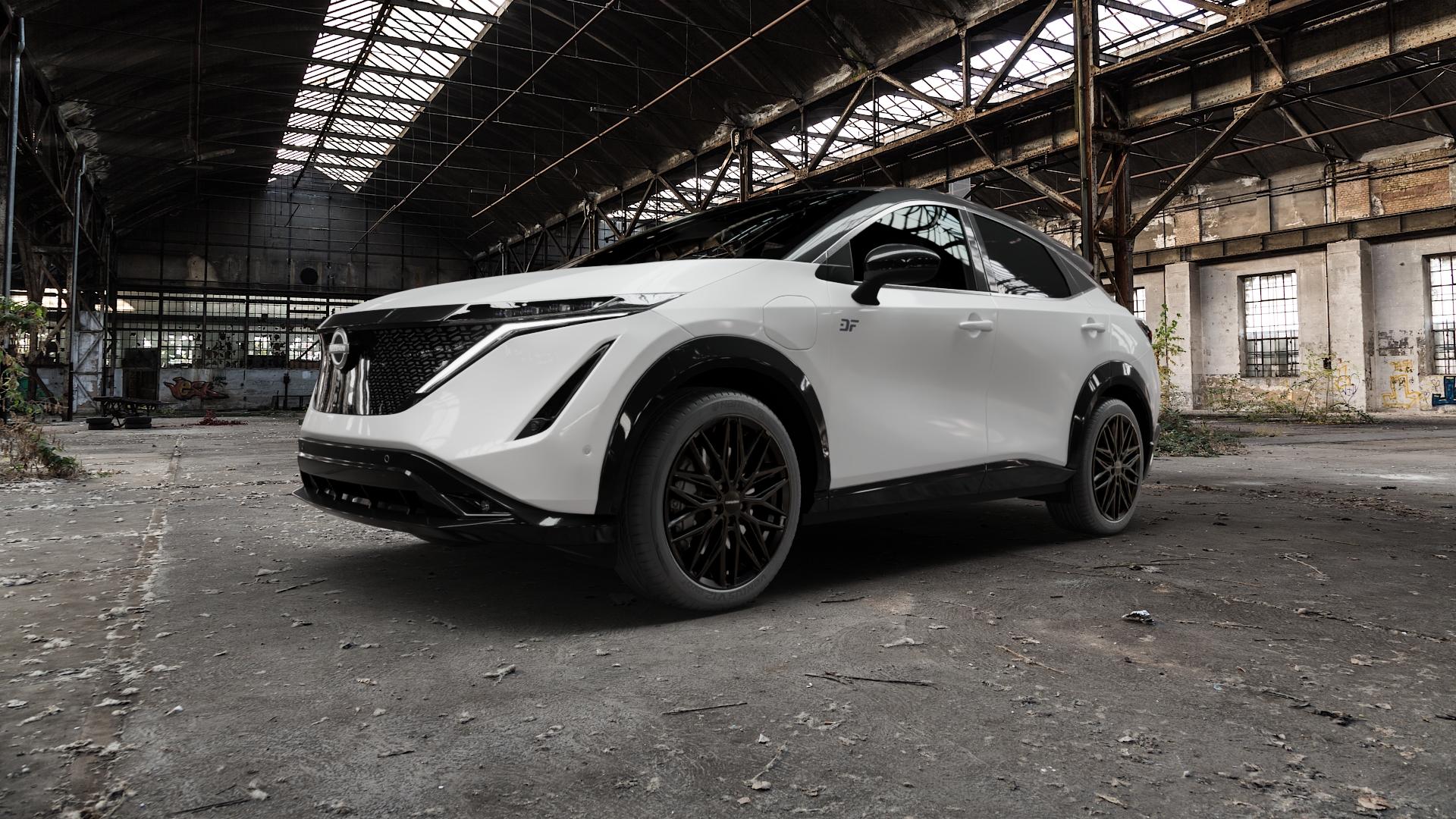CARMANI 26 Max black Felge mit Reifen schwarz in 20Zoll Winterfelge Alufelge auf weissem Nissan Ariya Typ FE0E ⬇️ mit 15mm Tieferlegung ⬇️ Old Industrial Hall_max5000mm_2022 Frontansicht_1