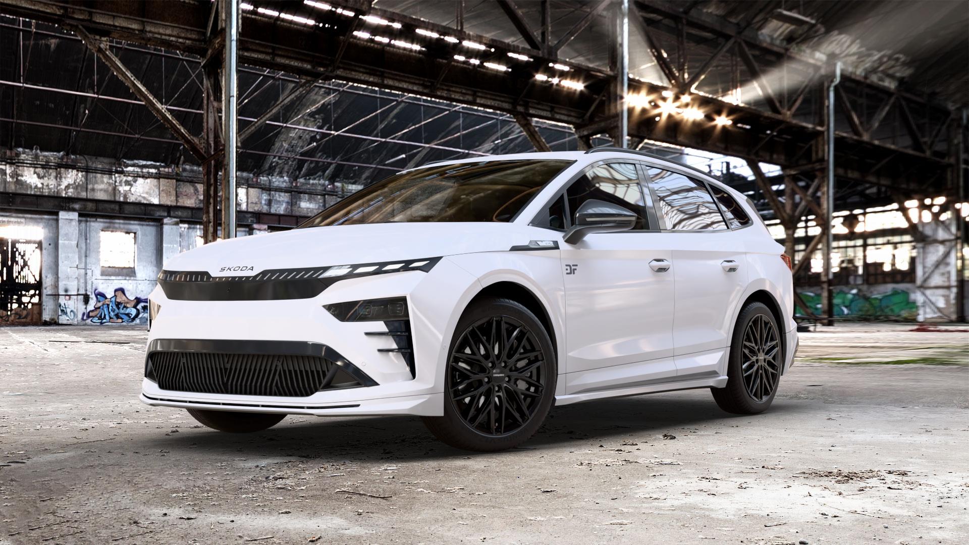 CARMANI 26 Max black Felge mit Reifen schwarz in 20Zoll Winterfelge Alufelge auf weissem Skoda Enyaq iV Typ NY Facelift 0,0l 77kW RS (105 PS) ⬇️ mit 15mm Tieferlegung ⬇️ Old Industrial Hall_max_5300mm_2024 Frontansicht_1