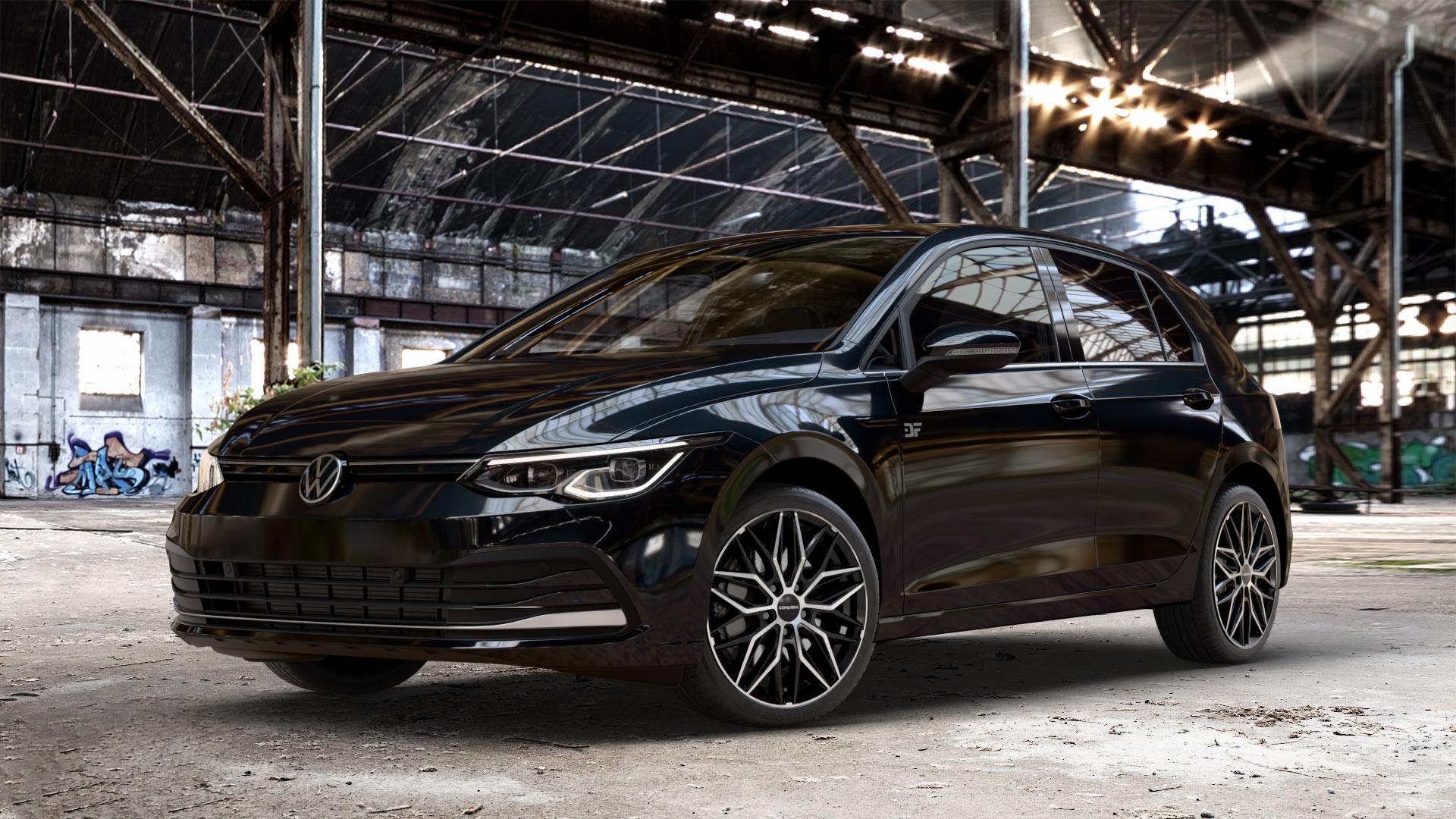 CARMANI 26 Max black polish Felge mit Reifen schwarz in 18Zoll Winterfelge Alufelge auf metallic schwarzem Volkswagen (VW) Golf 8 1,5l TSI 96kW (131 PS) 110kW (150 2,0l TDI 85kW (116 Mild-Hybrid 1,0l 81kW (110 66kW (90 1,4l Hybrid TGI 4Motion 140kW (190 ⬇️ mit 15mm Tieferlegung ⬇️ Old Industrial Hall_max_4400mm_2024 Frontansicht_1