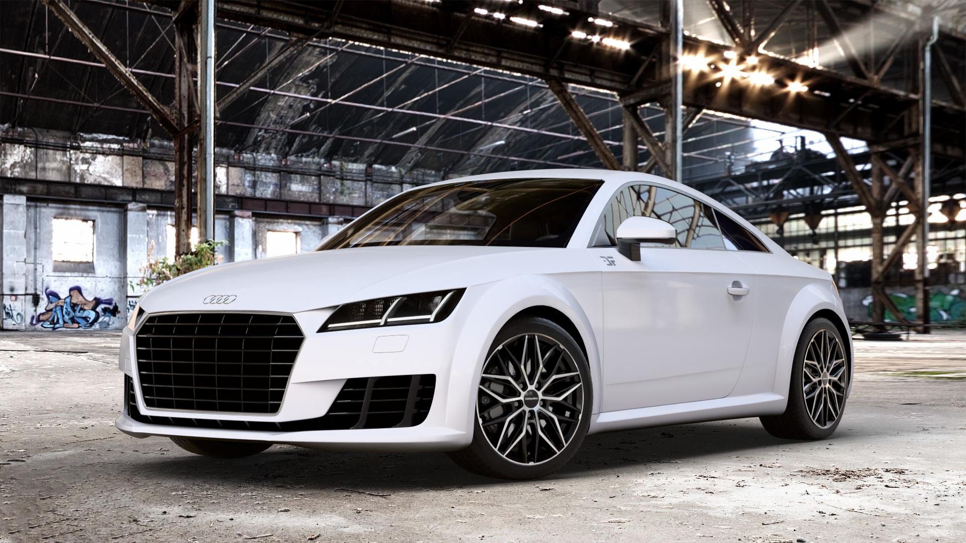 CARMANI 26 Max black polish Felge mit Reifen schwarz in 18Zoll Winterfelge Alufelge auf weissem Audi TT III Typ 8S (Coupé) (Roadster) ⬇️ mit 15mm Tieferlegung ⬇️ Old Industrial Hall_max_4400mm_2024 Frontansicht_1