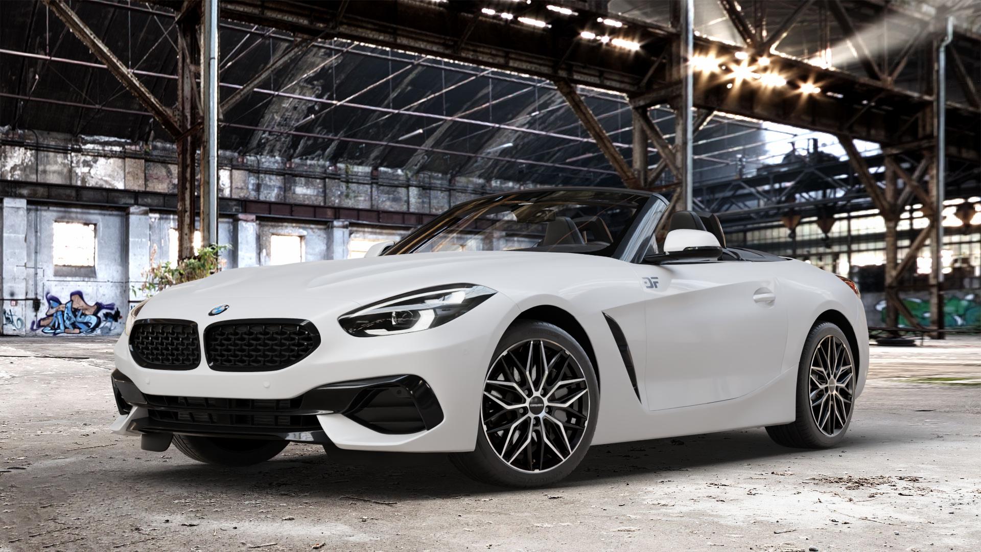 CARMANI 26 Max black polish Felge mit Reifen schwarz in 18Zoll Winterfelge Alufelge auf weissem BMW Z4 Roadster Typ G29 (G4Z) Z1 Z8 ⬇️ mit 15mm Tieferlegung ⬇️ Old Industrial Hall_max_4400mm_2024 Frontansicht_1