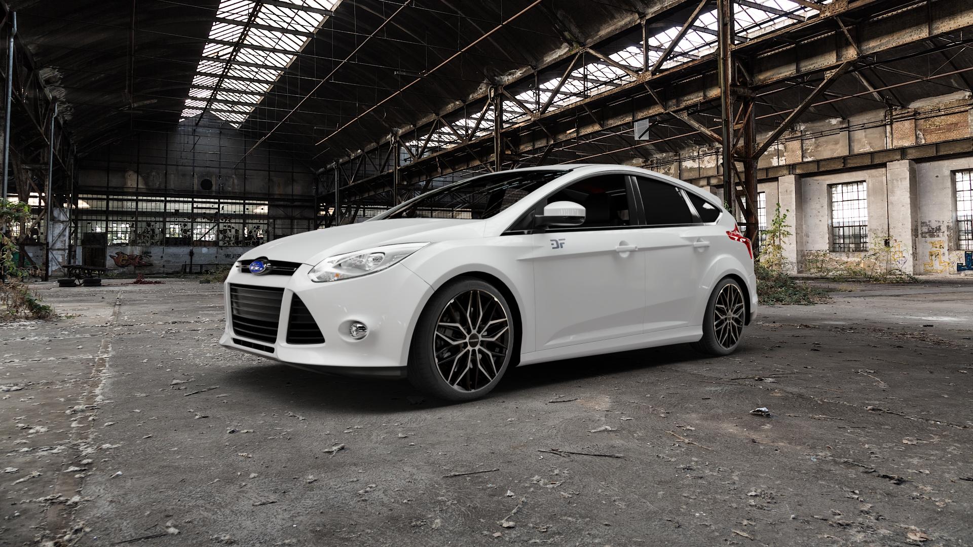 CARMANI 26 Max black polish Felge mit Reifen schwarz in 18Zoll Winterfelge Alufelge auf weissem Ford Focus III Typ DYB (Schrägheck) (Stufenheck) Facelift ⬇️ mit 15mm Tieferlegung ⬇️ Old Industrial Hall_max5000mm_2022 Frontansicht_1