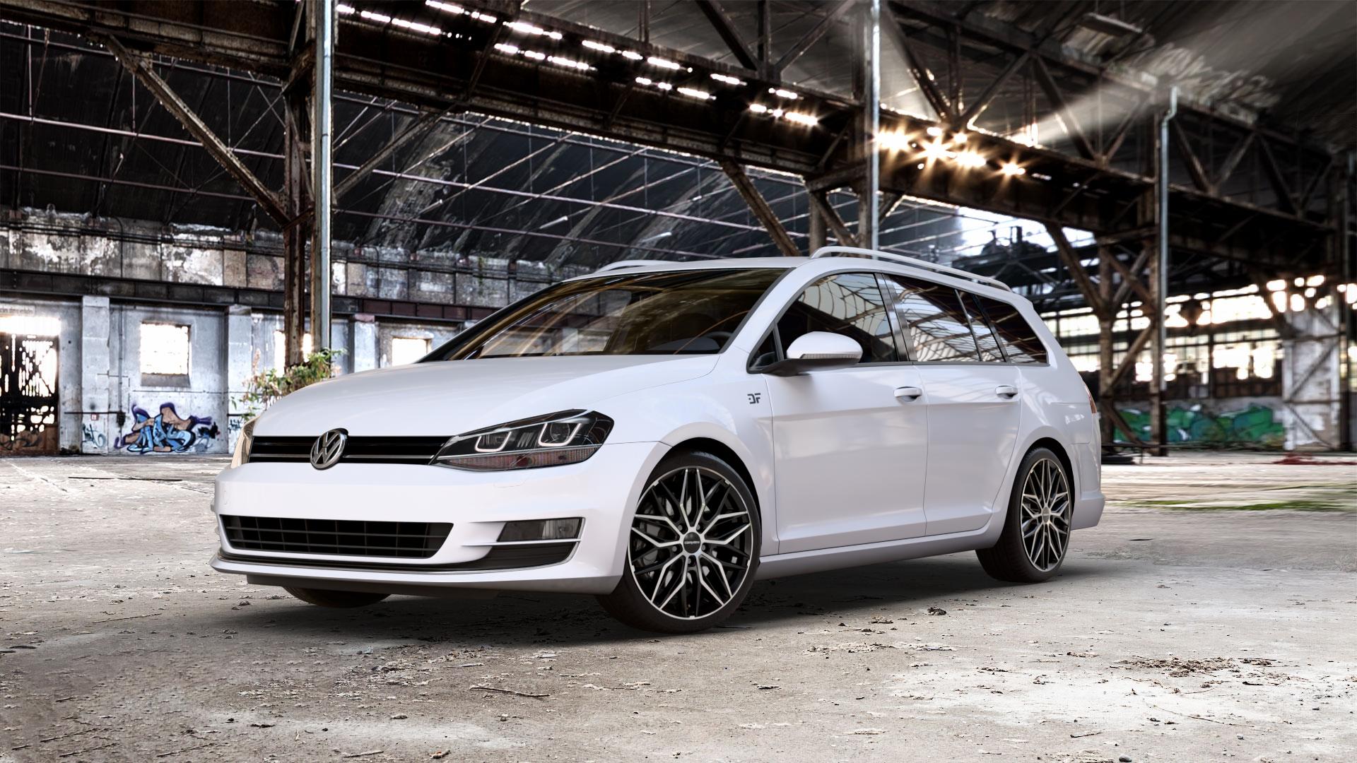 CARMANI 26 Max black polish Felge mit Reifen schwarz in 18Zoll Winterfelge Alufelge auf weissem Volkswagen (VW) Golf 7 Variant ⬇️ mit 15mm Tieferlegung ⬇️ Old Industrial Hall_max_5300mm_2024 Frontansicht_1