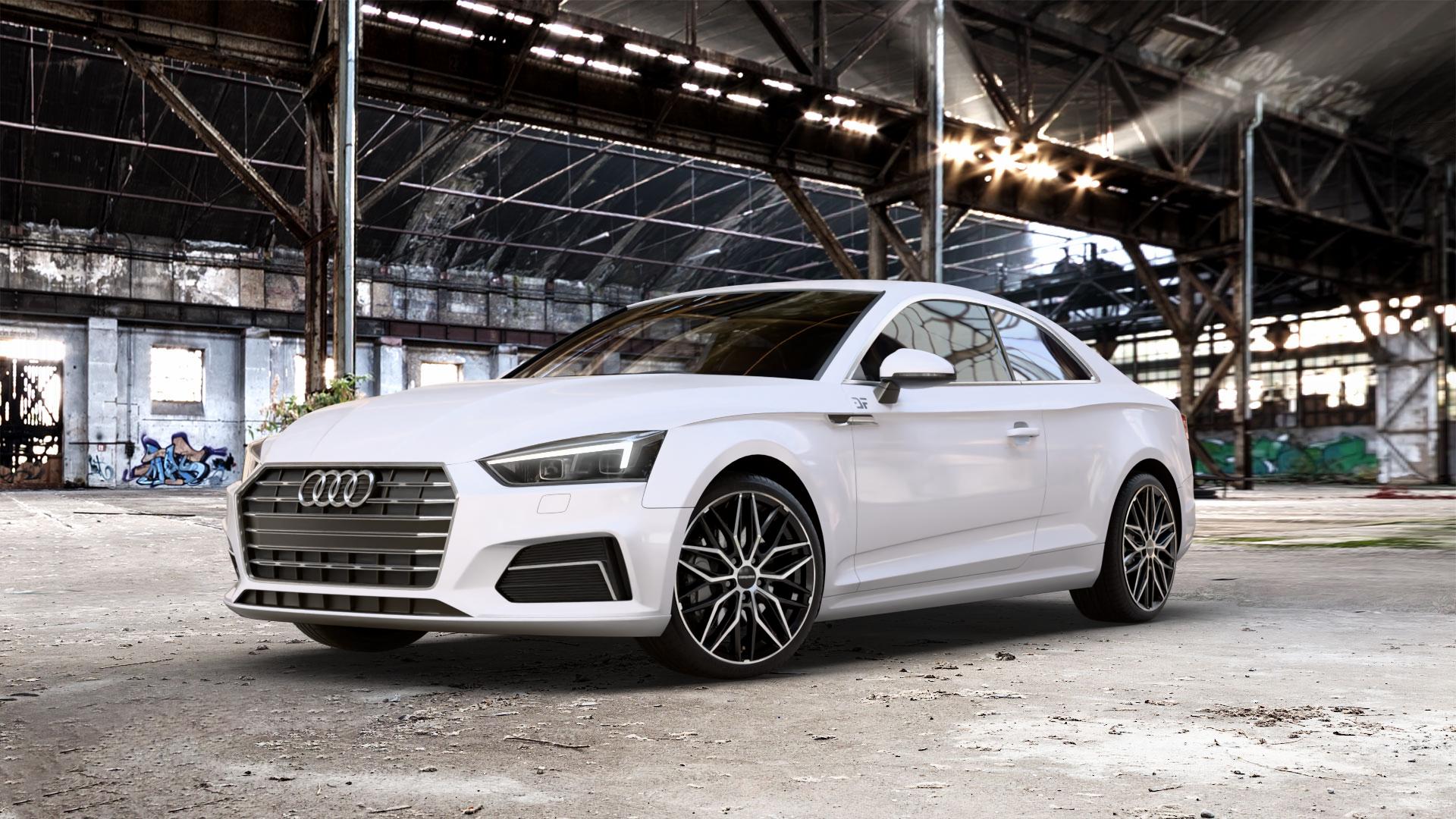 CARMANI 26 Max black polish Felge mit Reifen schwarz in 19Zoll Winterfelge Alufelge auf weissem Audi A5 Typ B9 (Coupé) ⬇️ mit 15mm Tieferlegung ⬇️ Old Industrial Hall_max_5300mm_2024 Frontansicht_1