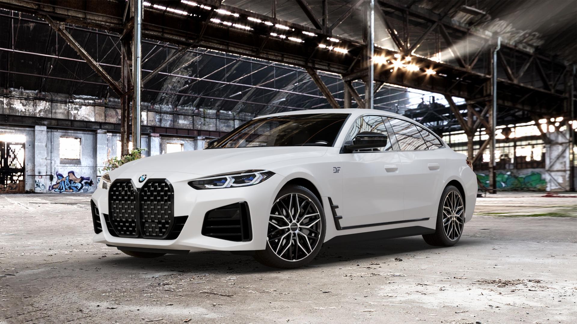 CARMANI 26 Max black polish Felge mit Reifen schwarz in 19Zoll Winterfelge Alufelge auf weissem BMW 4er G26 Gran Coupe (G4C) ⬇️ mit 15mm Tieferlegung ⬇️ Old Industrial Hall_max_5300mm_2024 Frontansicht_1