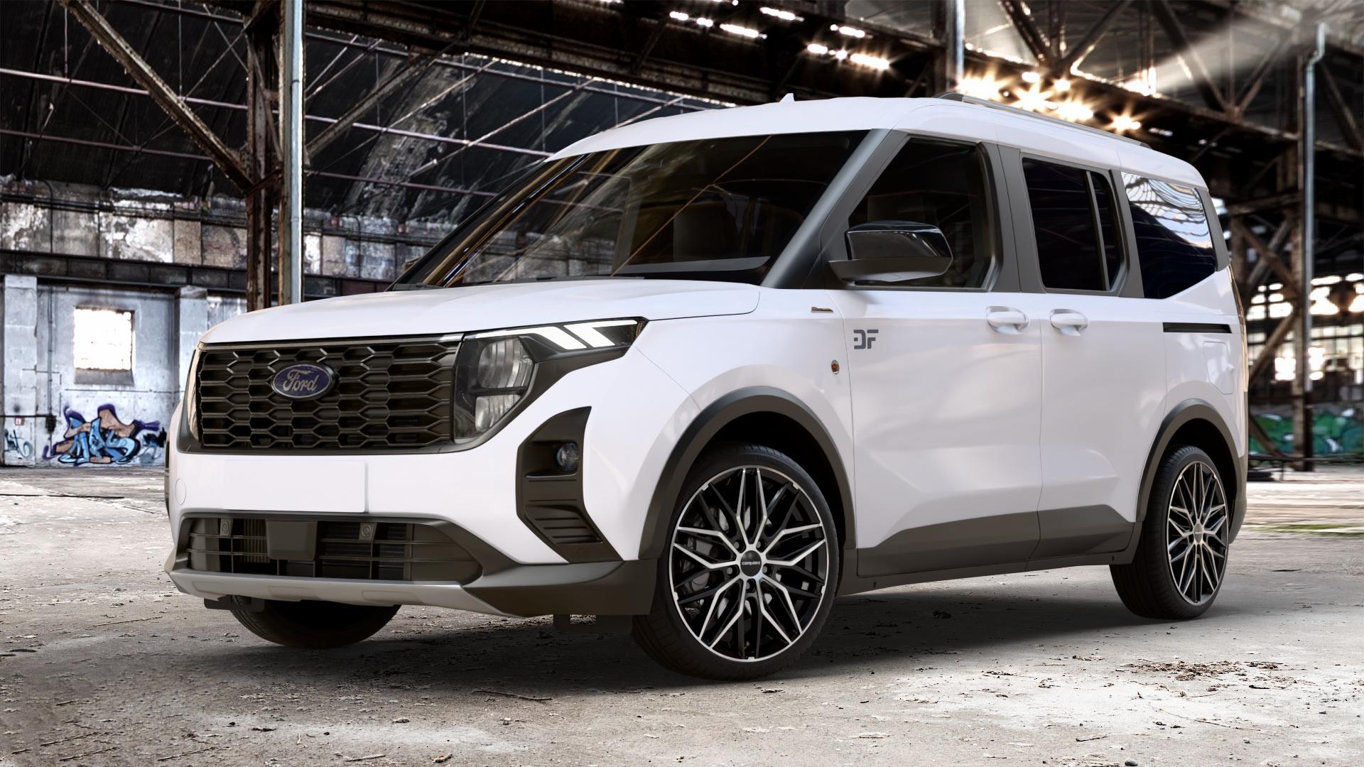 CARMANI 26 Max black polish Felge mit Reifen schwarz in 19Zoll Winterfelge Alufelge auf weissem Ford Tourneo Courier Typ N3P 1,0l EcoBoost 92kW (125 PS) 74kW (101 1,5l EcoBlue 73kW (99 ⬇️ mit 15mm Tieferlegung ⬇️ Old Industrial Hall_max_4400mm_2024 Frontansicht_1