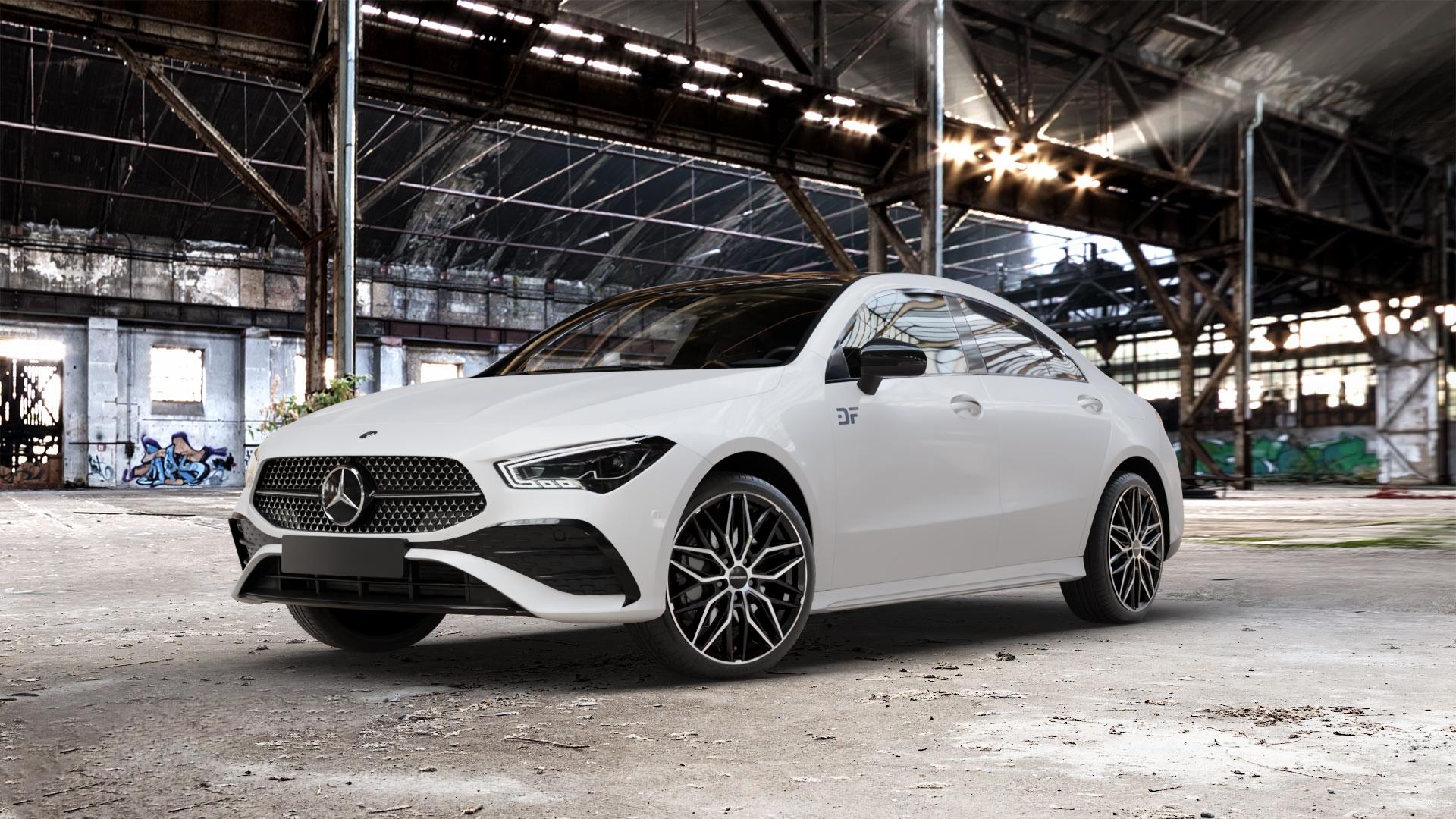 CARMANI 26 Max black polish Felge mit Reifen schwarz in 19Zoll Winterfelge Alufelge auf weissem Mercedes CLA-Klasse II Typ C118 (F2CLA) Facelift ⬇️ mit 15mm Tieferlegung ⬇️ Old Industrial Hall_max_5300mm_2024 Frontansicht_1