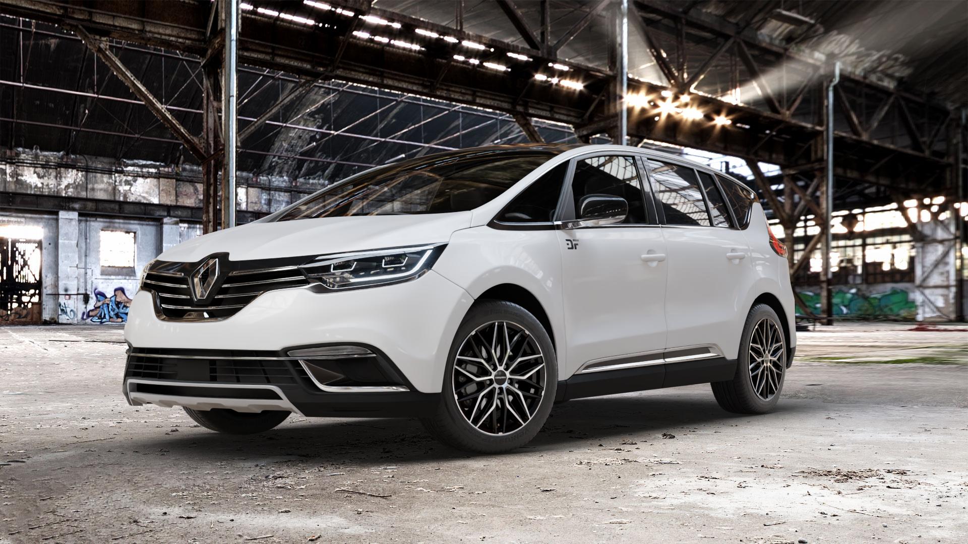 CARMANI 26 Max black polish Felge mit Reifen schwarz in 19Zoll Winterfelge Alufelge auf weissem Renault Espace V Typ RFC Facelift ⬇️ mit 15mm Tieferlegung ⬇️ Old Industrial Hall_max_5300mm_2024 Frontansicht_1