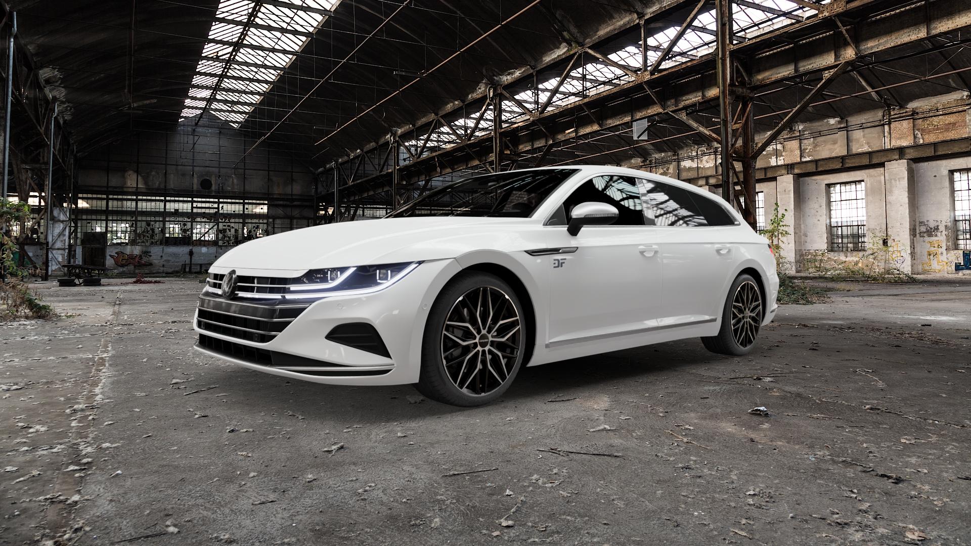 CARMANI 26 Max black polish Felge mit Reifen schwarz in 19Zoll Winterfelge Alufelge auf weissem Volkswagen (VW) Arteon Shootingbrake Typ 3H ⬇️ mit 15mm Tieferlegung ⬇️ Old Industrial Hall_max5000mm_2022 Frontansicht_1
