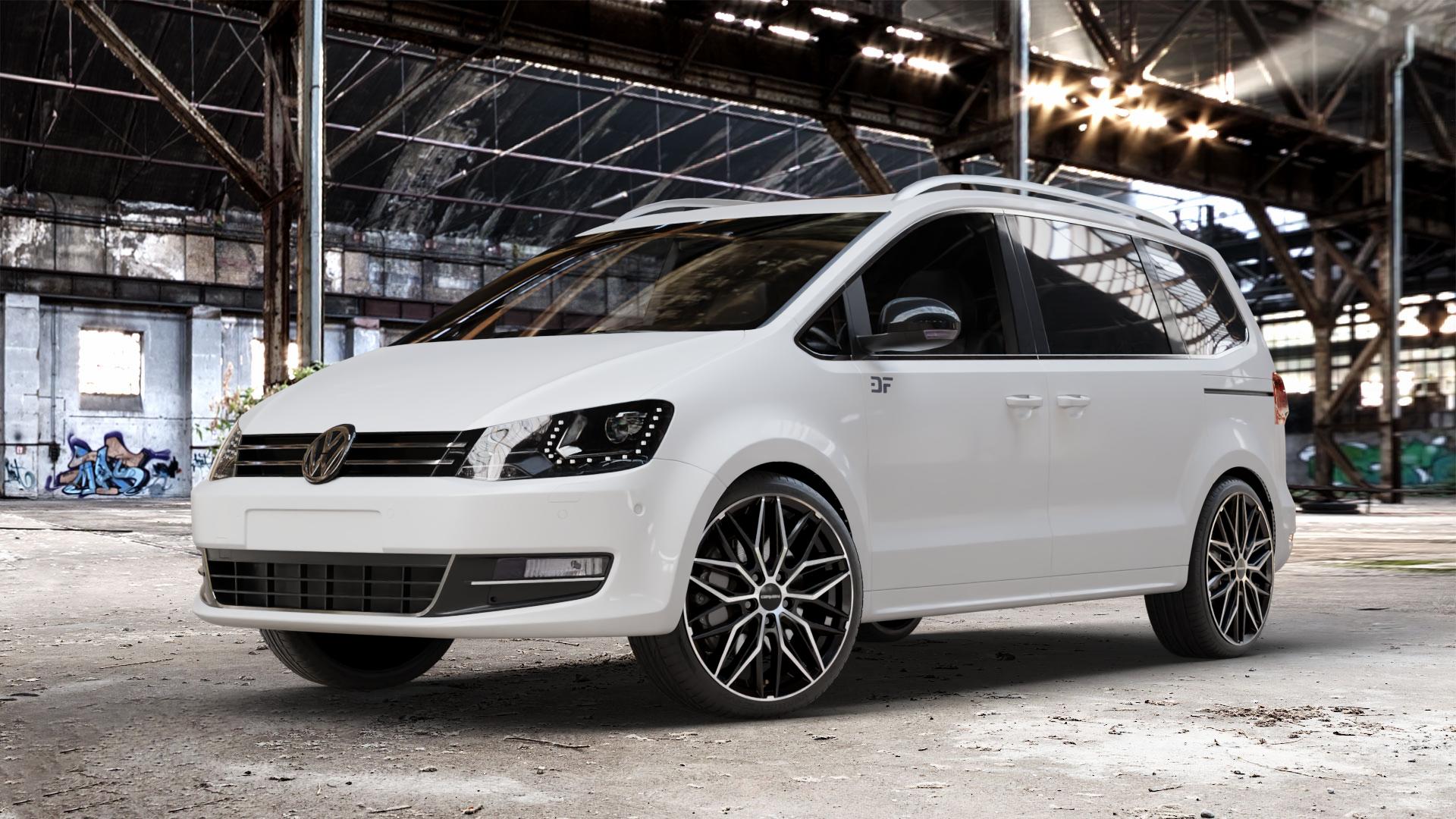 CARMANI 26 Max black polish Felge mit Reifen schwarz in 19Zoll Winterfelge Alufelge auf weissem Volkswagen (VW) Sharan III Typ 7N (15->) ⬇️ mit 15mm Tieferlegung ⬇️ Old Industrial Hall_max_4400mm_2024 Frontansicht_1