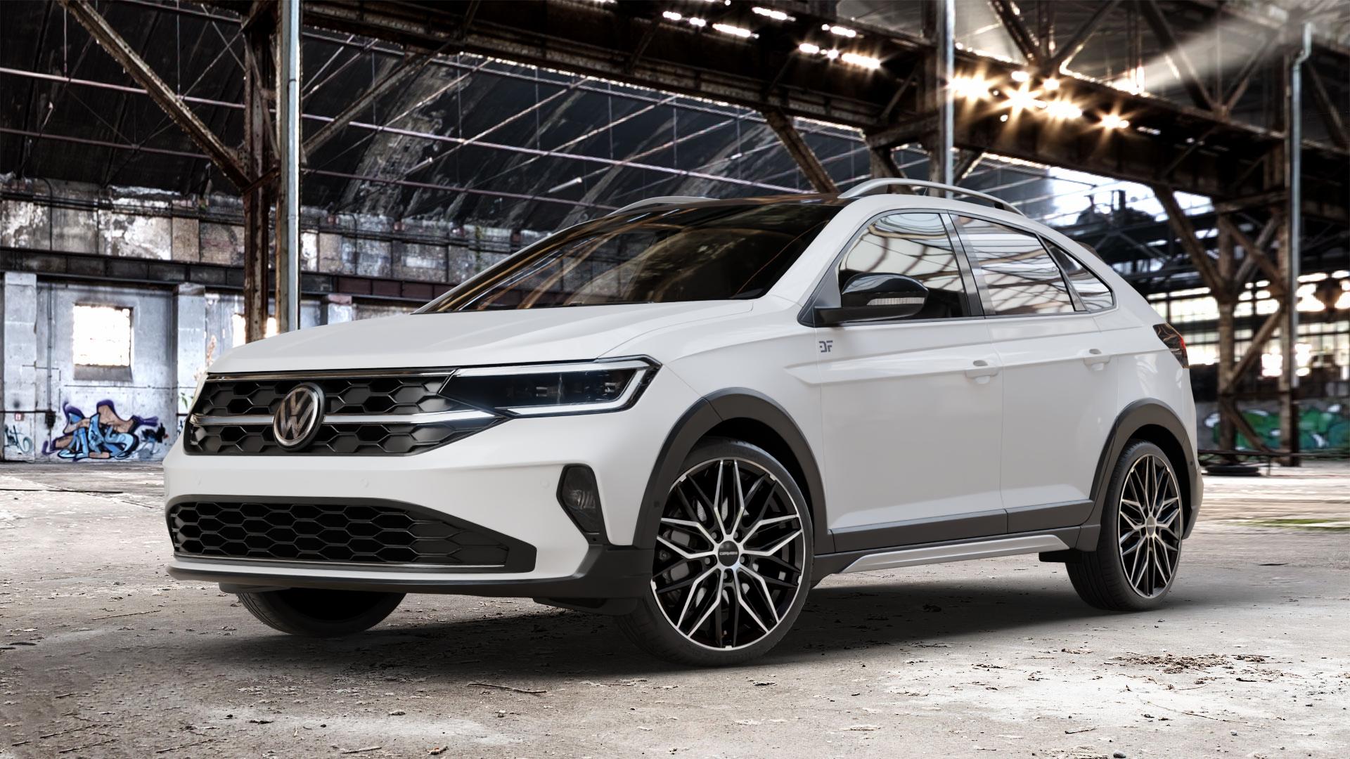 CARMANI 26 Max black polish Felge mit Reifen schwarz in 19Zoll Winterfelge Alufelge auf weissem Volkswagen (VW) Taigo ⬇️ mit 15mm Tieferlegung ⬇️ Old Industrial Hall_max_4400mm_2024 Frontansicht_1