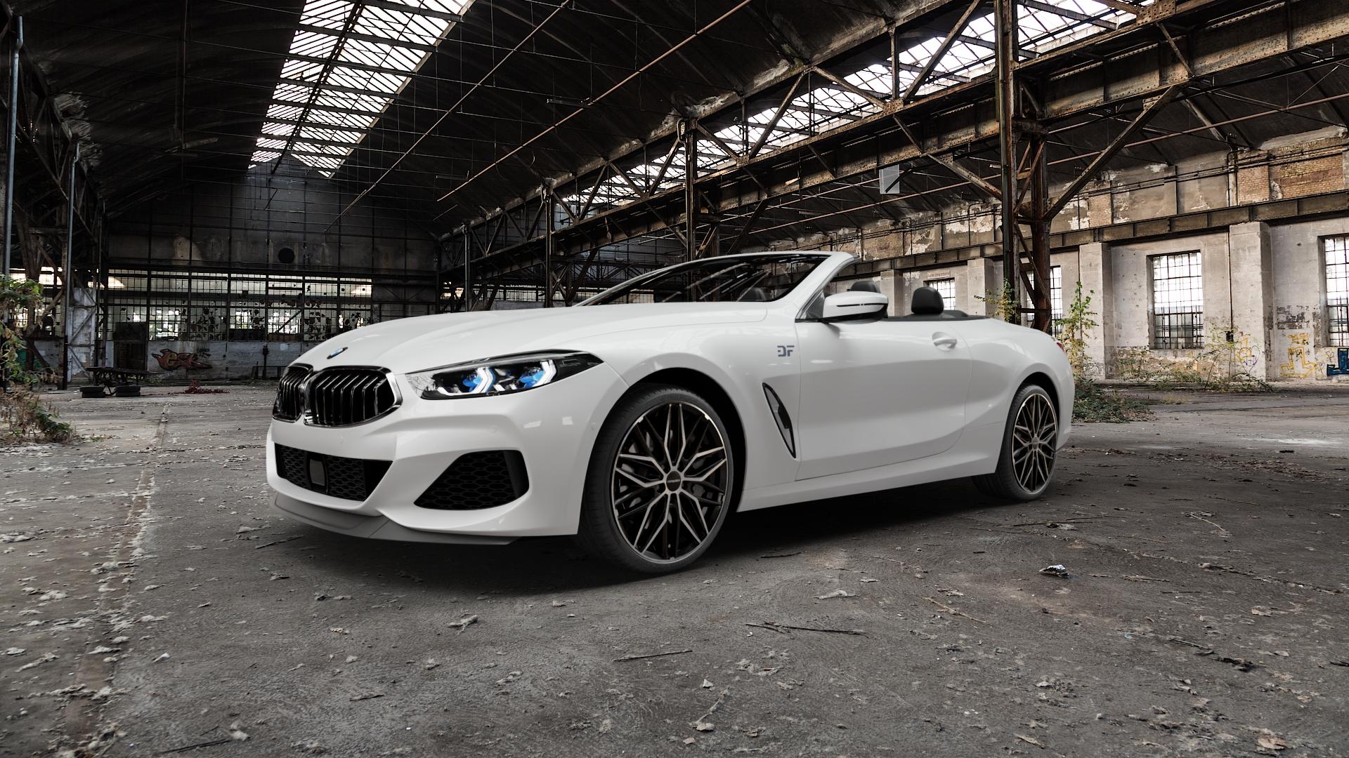 CARMANI 26 Max black polish Felge mit Reifen schwarz in 20Zoll Winterfelge Alufelge auf weissem BMW 840d xDrive Typ G14 3,0l 235kW (320 PS) M850i 4,4l 390kW (530 840i 250kW (340 M8 F8CM (Cabrio) 8er Cabrio (G8C) ⬇️ mit 15mm Tieferlegung ⬇️ Old Industrial Hall_max5000mm_2022 Frontansicht_1