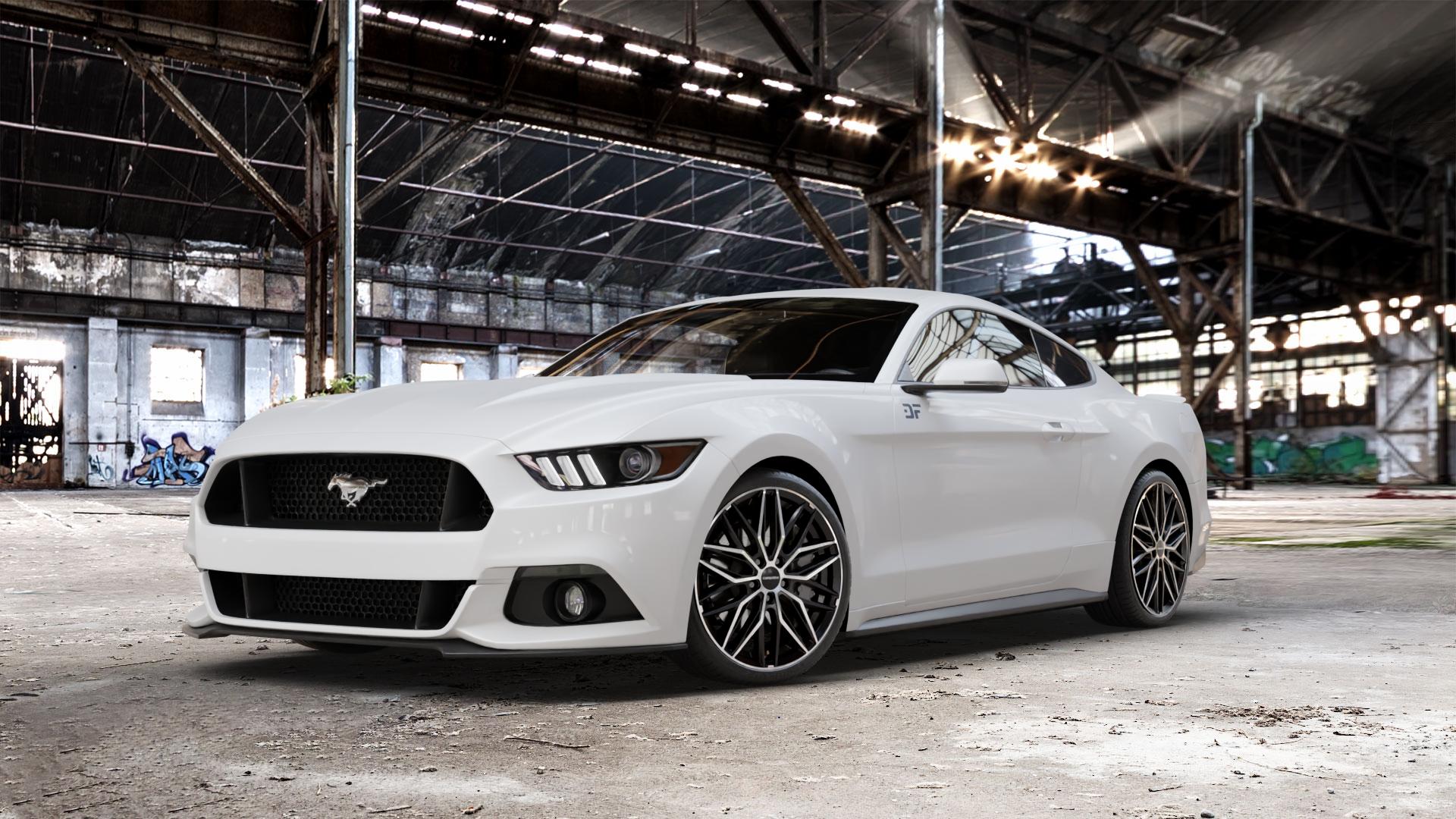 CARMANI 26 Max black polish Felge mit Reifen schwarz in 20Zoll Winterfelge Alufelge auf weissem Ford Mustang VI Coupe Typ LAE Cabrio ⬇️ mit 15mm Tieferlegung ⬇️ Old Industrial Hall_max_5300mm_2024 Frontansicht_1