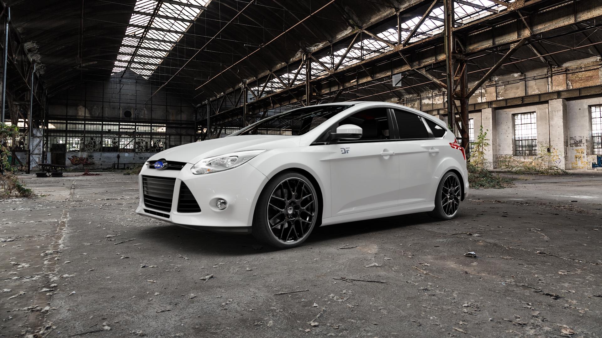Cheetah Wheels CV.03 black horn polished Felge mit Reifen schwarz in 19Zoll Alufelge auf weissem Ford Focus III Typ DYB (Schrägheck) (Stufenheck) Facelift ⬇️ mit 15mm Tieferlegung ⬇️ Old Industrial Hall_max5000mm_2022 Frontansicht_1