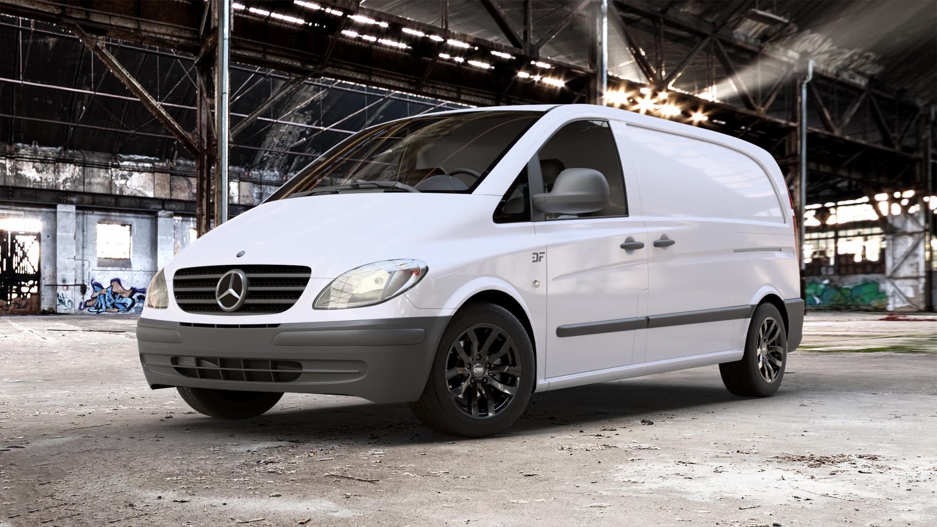 CMS C22 Complete Black Gloss Felge mit Reifen in 16Zoll Winterfelge Alufelge auf weissem Mercedes Vito Kasten Typ 639 ⬇️ mit 15mm Tieferlegung ⬇️ Old Industrial Hall_max_5300mm_2024 Frontansicht_1