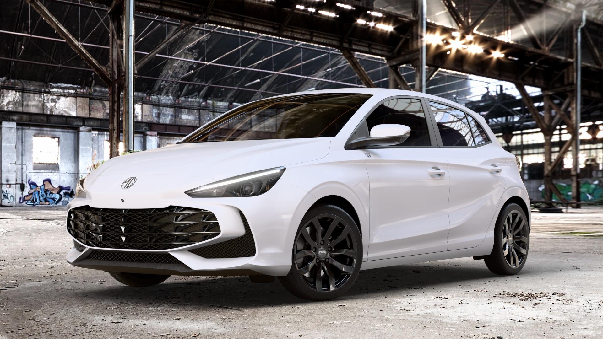 CMS C22 Complete Black Gloss Felge mit Reifen in 17Zoll Winterfelge Alufelge auf weissem MG MG3 Typ ZP2A 1,5l 75kW Mild-Hybrid (102 PS) ⬇️ mit 15mm Tieferlegung ⬇️ Old Industrial Hall_max_4400mm_2024 Frontansicht_1