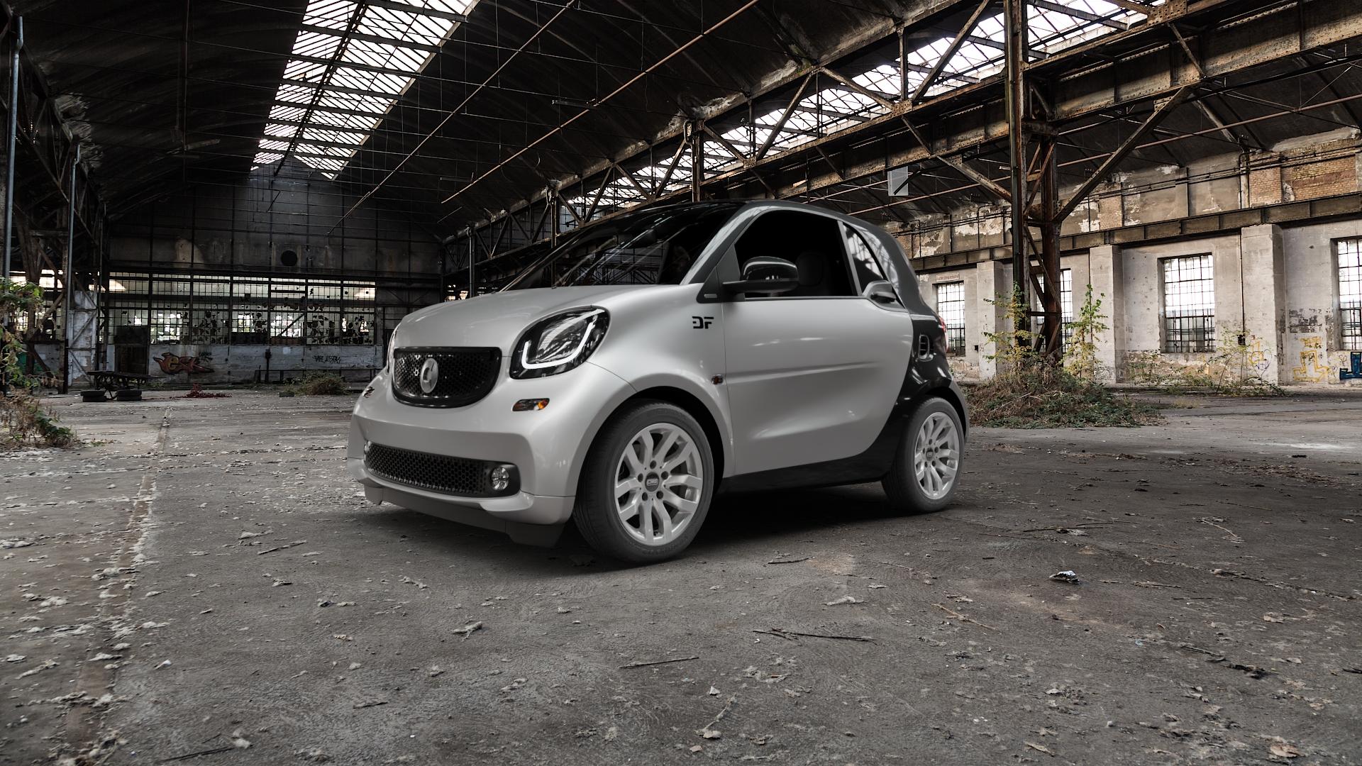 CMS C22 Racing Silver Felge mit Reifen silber in 15Zoll Winterfelge Alufelge auf silbernem Smart Fortwo Coupe III (14-) (453) ⬇️ mit 15mm Tieferlegung ⬇️ Old Industrial Hall_max5000mm_2022 Frontansicht_1