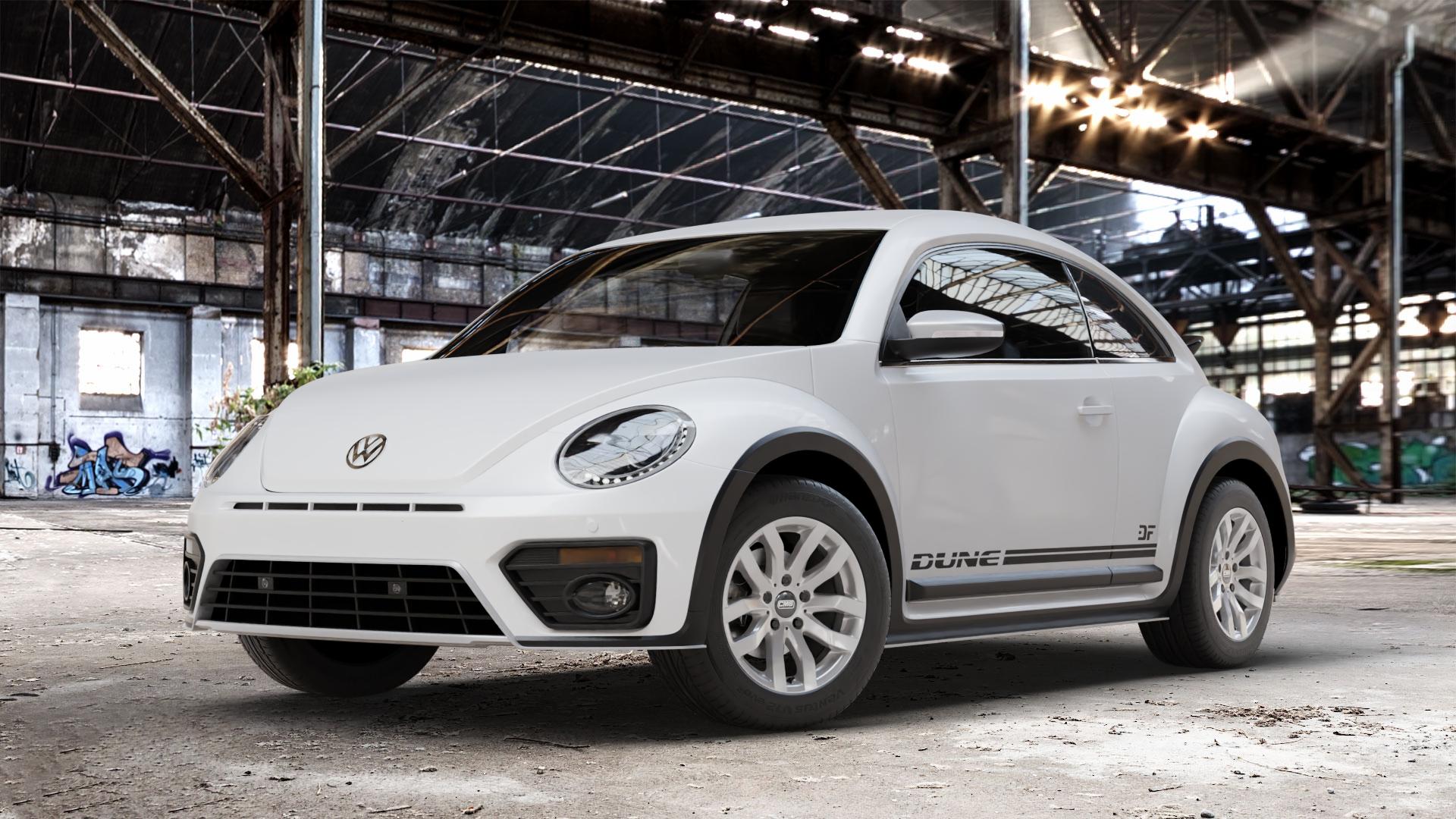 CMS C22 Racing Silver Felge mit Reifen silber in 16Zoll Winterfelge Alufelge auf weissem Volkswagen (VW) Beetle Dune Typ 16 ⬇️ mit 15mm Tieferlegung ⬇️ Old Industrial Hall_max_4400mm_2024 Frontansicht_1