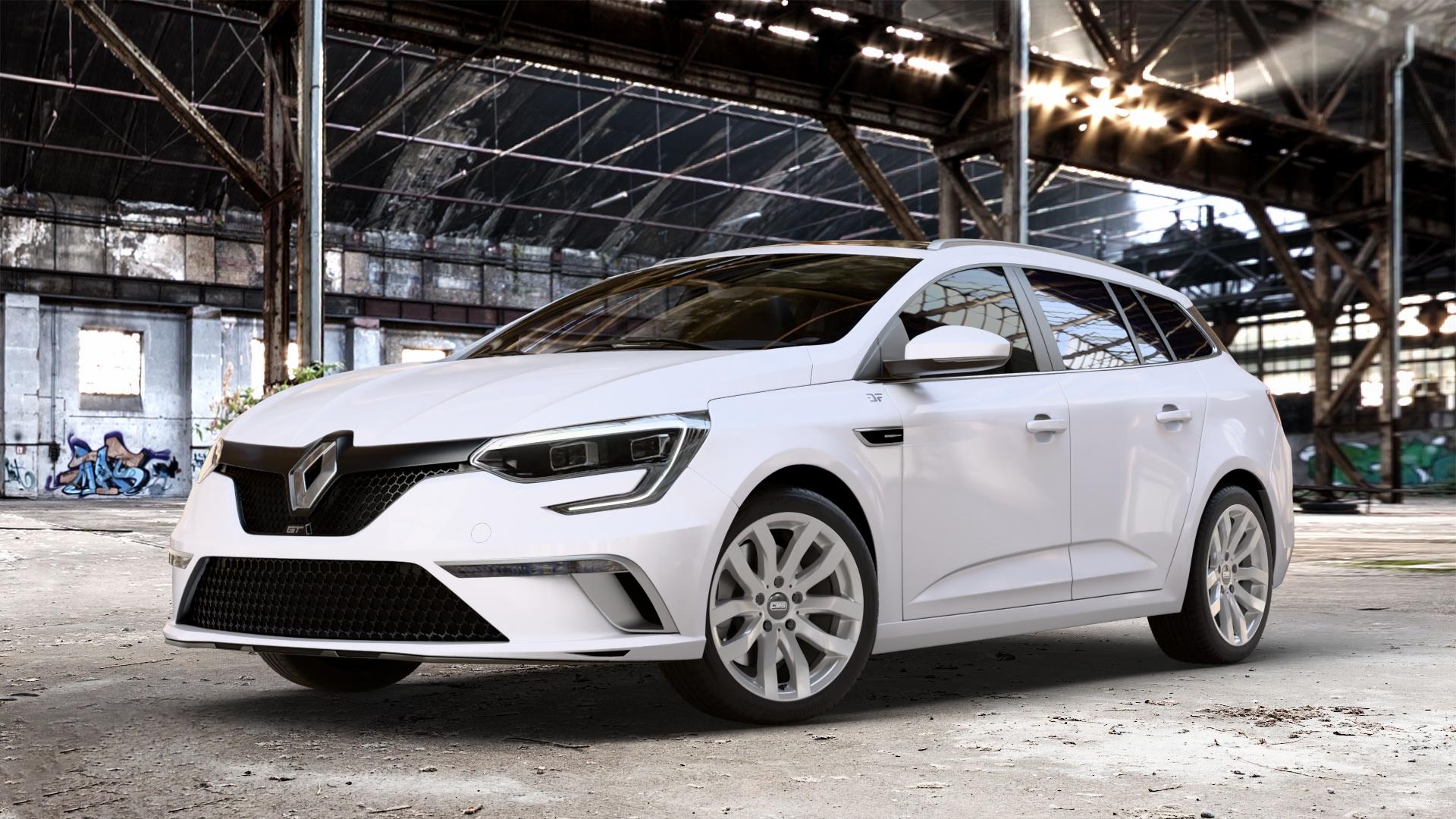 CMS C22 Racing Silver Felge mit Reifen silber in 17Zoll Winterfelge Alufelge auf weissem Renault Megane IV Grandtour Typ RFB Facelift ⬇️ mit 15mm Tieferlegung ⬇️ Old Industrial Hall_max_4400mm_2024 Frontansicht_1