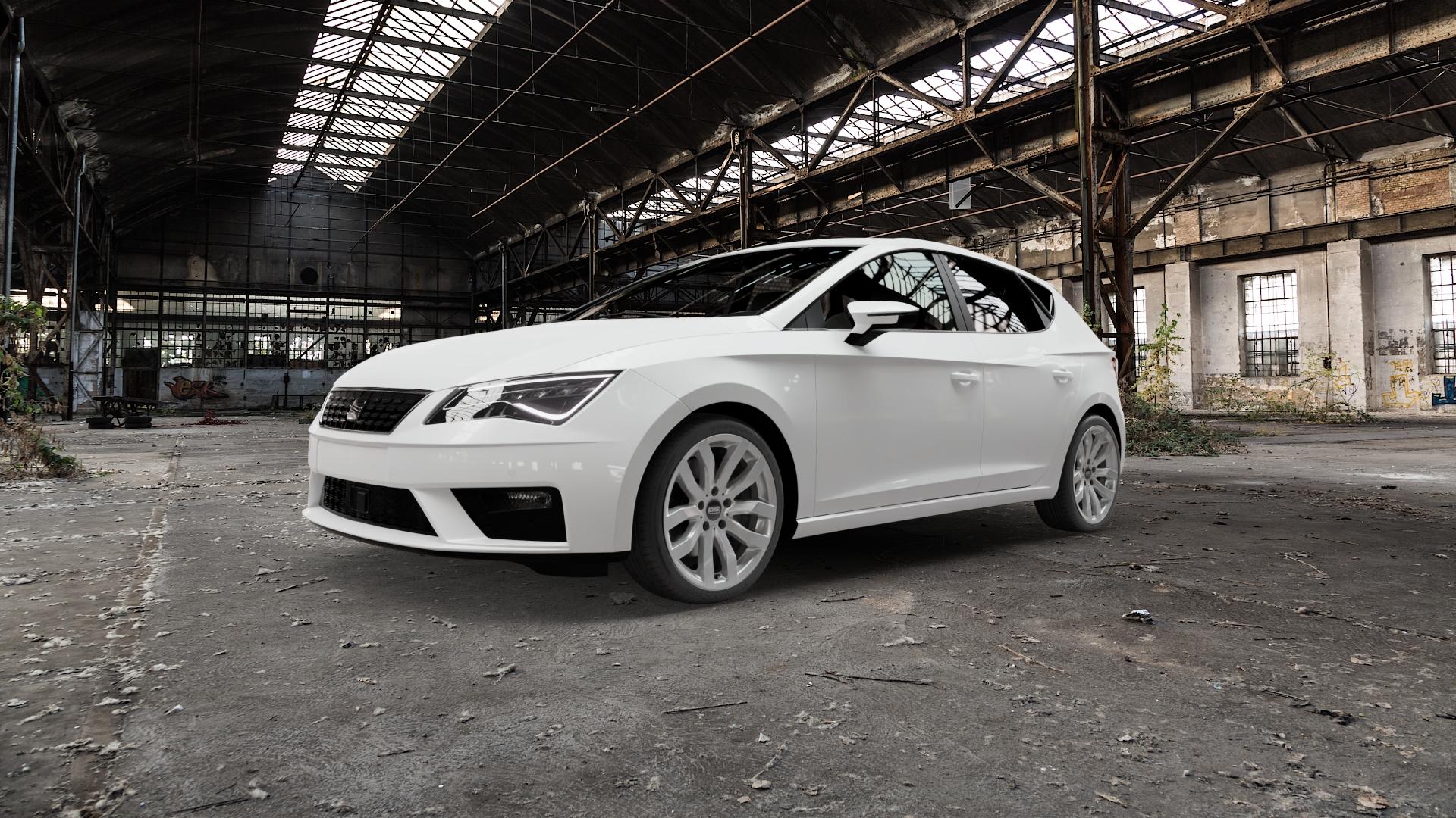CMS C22 Racing Silver Felge mit Reifen silber in 18Zoll Winterfelge Alufelge auf weissem Seat Leon Typ 5F Facelift ⬇️ mit 15mm Tieferlegung ⬇️ Old Industrial Hall_max5000mm_2022 Frontansicht_1