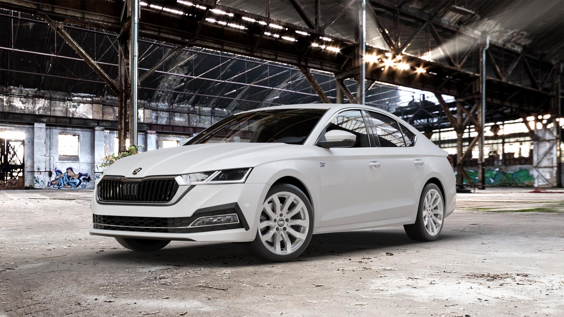 CMS C22 Racing Silver Felge mit Reifen silber in 18Zoll Winterfelge Alufelge auf weissem Skoda Octavia IV Limousine Typ NX 1,5l TSI 110kW (150 PS) 2,0l TDI 85kW (116 1,0l 81kW (110 Mild-Hybrid 1,4l Hybrid CNG 96kW (131 4x4 ⬇️ mit 15mm Tieferlegung ⬇️ Old Industrial Hall_max_5300mm_2024 Frontansicht_1