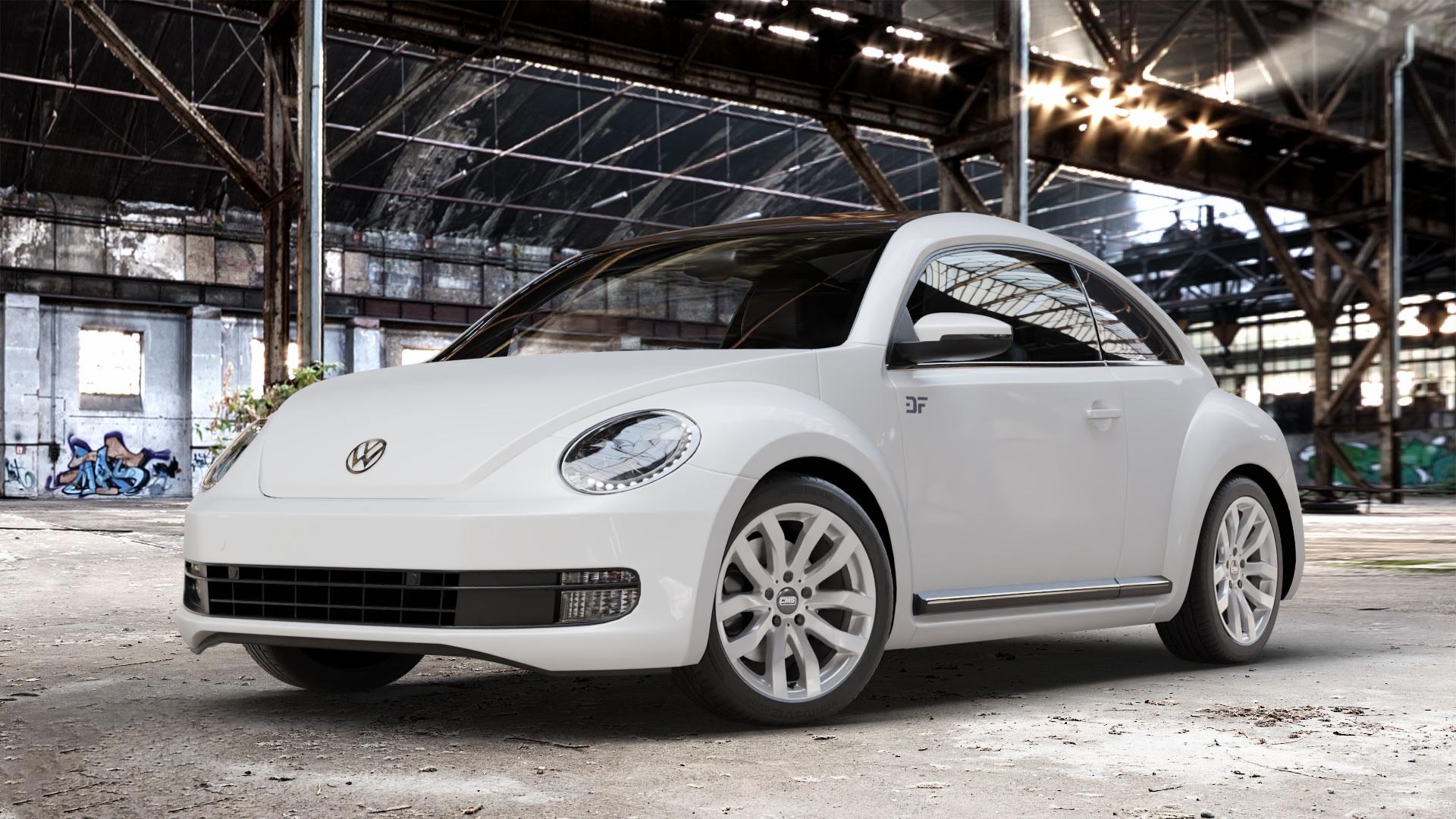 CMS C22 Racing Silver Felge mit Reifen silber in 18Zoll Winterfelge Alufelge auf weissem Volkswagen (VW) The Beetle Typ 16 ⬇️ mit 15mm Tieferlegung ⬇️ Old Industrial Hall_max_4400mm_2024 Frontansicht_1