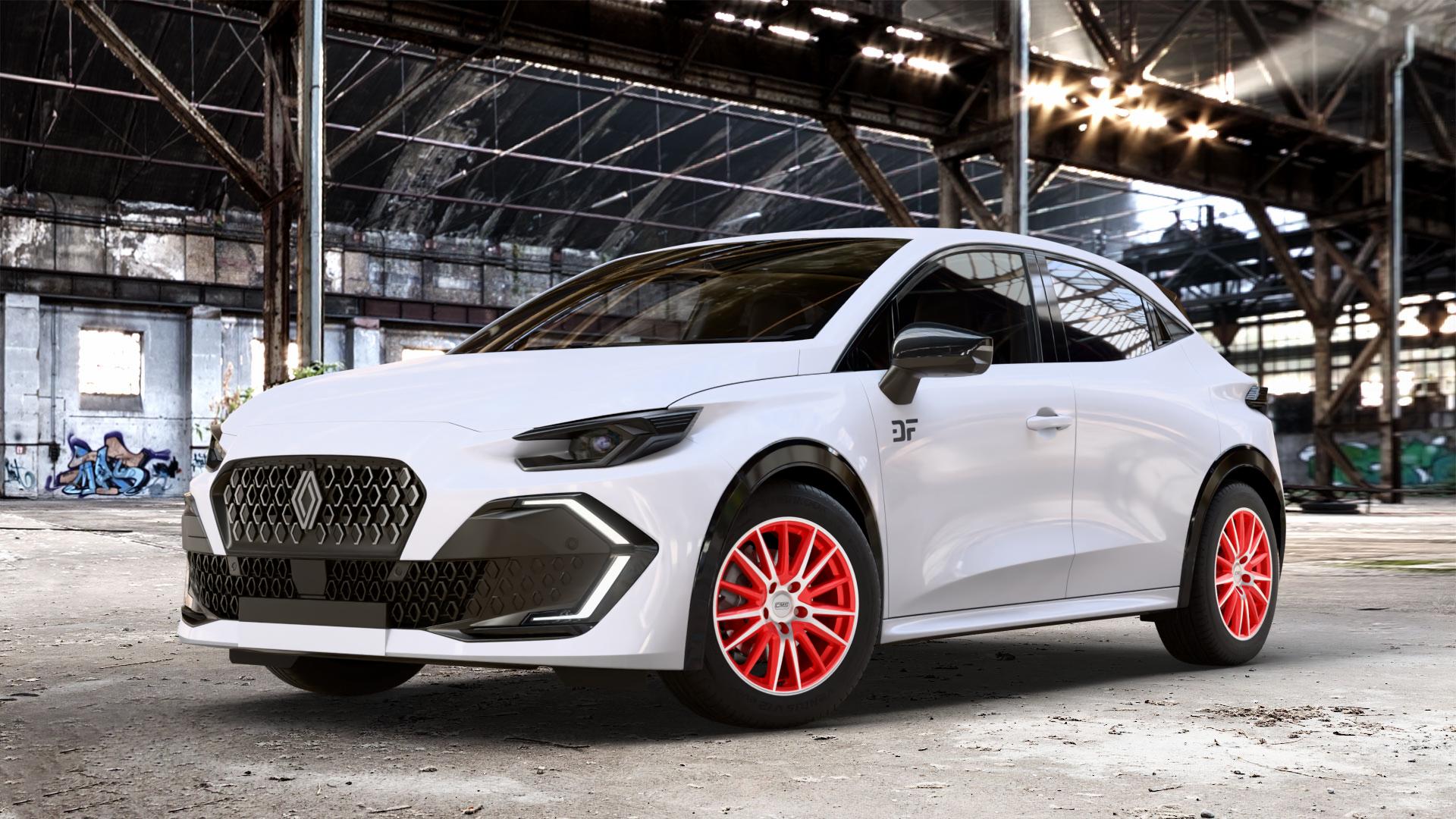CMS C23 Diamond Red Gloss Felge mit Reifen rot in 16Zoll Winterfelge Alufelge auf weissem Renault Clio VI Typ R03 ⬇️ mit 15mm Tieferlegung ⬇️ Old Industrial Hall_max_4400mm_2024 Frontansicht_1