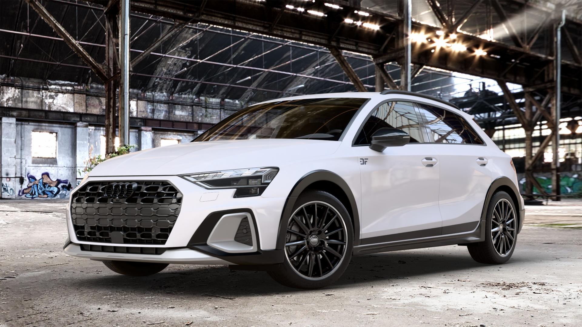 CMS C23 Diamond Rim Black Felge mit Reifen silber schwarz in 18Zoll Winterfelge Alufelge auf weissem Audi A3 Typ GY (Allstreet) ⬇️ mit 15mm Tieferlegung ⬇️ Old Industrial Hall_max_4400mm_2024 Frontansicht_1