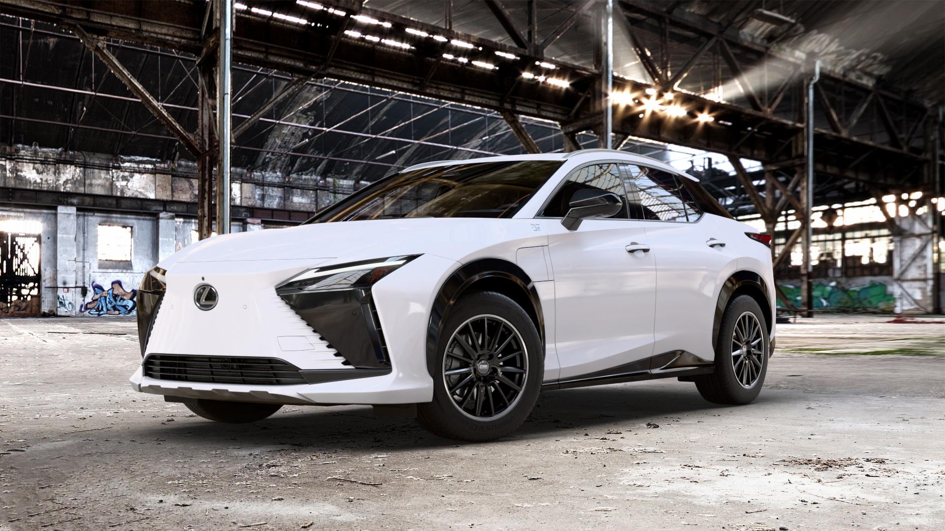 CMS C23 Diamond Rim Black Felge mit Reifen silber schwarz in 18Zoll Winterfelge Alufelge auf weissem Lexus RZ Typ EBM1(M) ⬇️ mit 15mm Tieferlegung ⬇️ Old Industrial Hall_max_5300mm_2024 Frontansicht_1